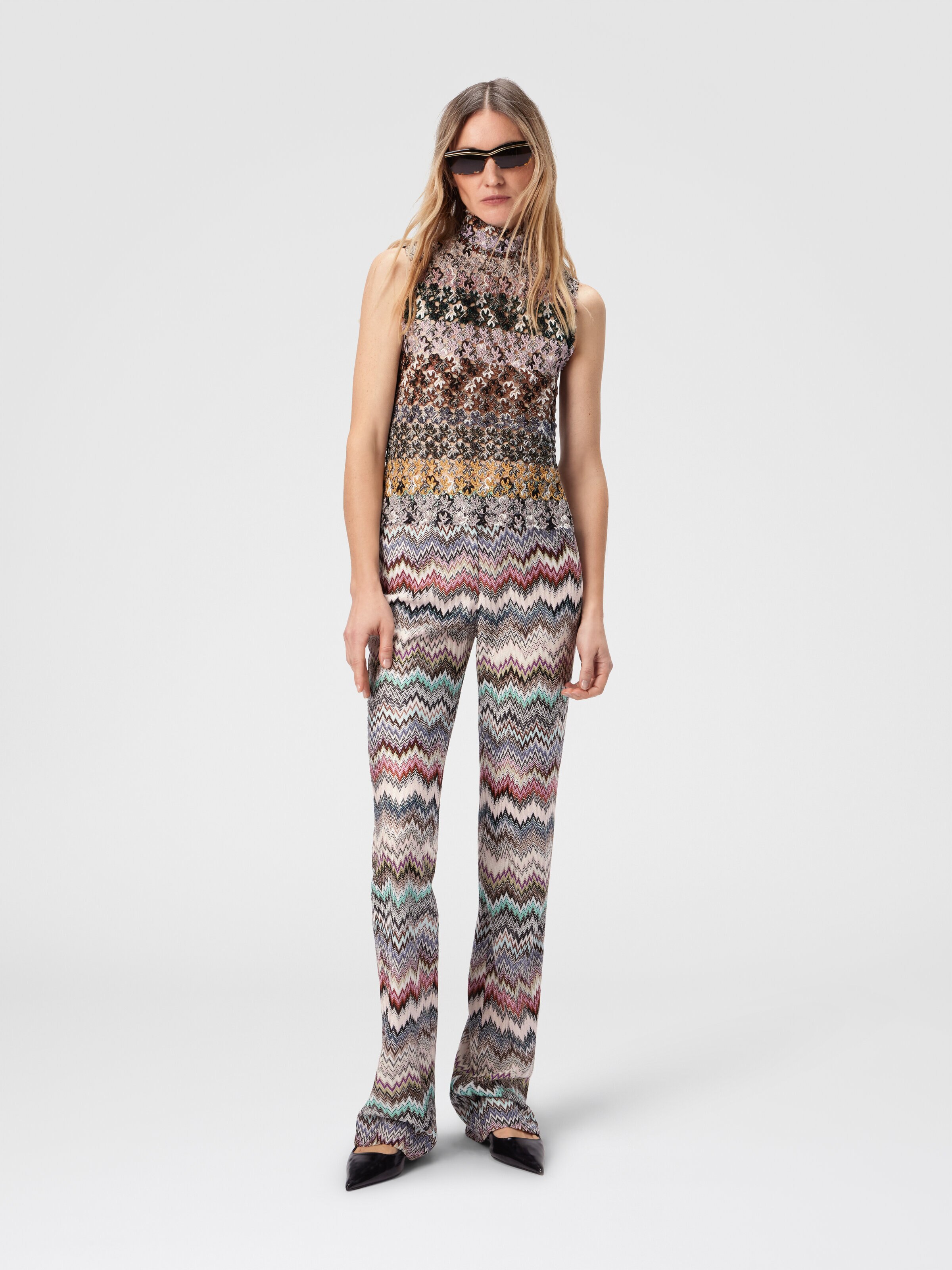 High-Neck Top in Striped Embroidered Lace, Multicoloured  - 1