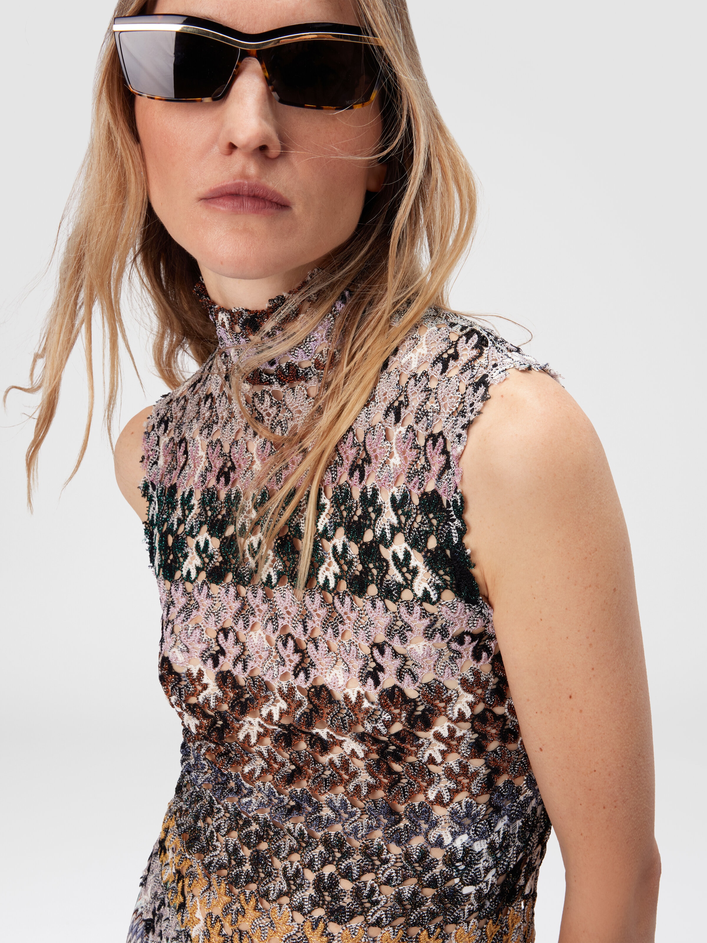 High-Neck Top in Striped Embroidered Lace, Multicoloured  - 3