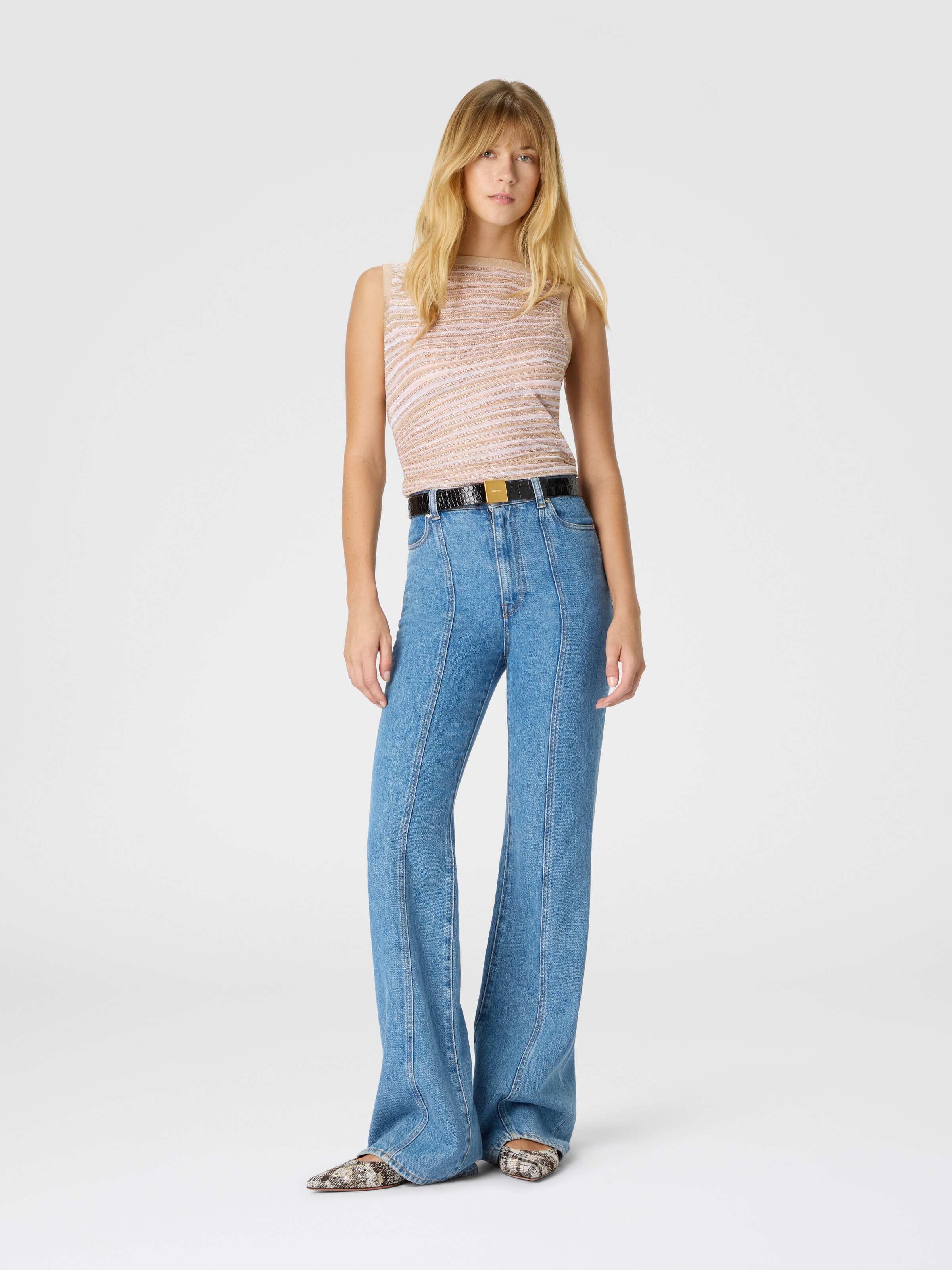 Boat Neck Top with Lamé Stripes, White  - 1
