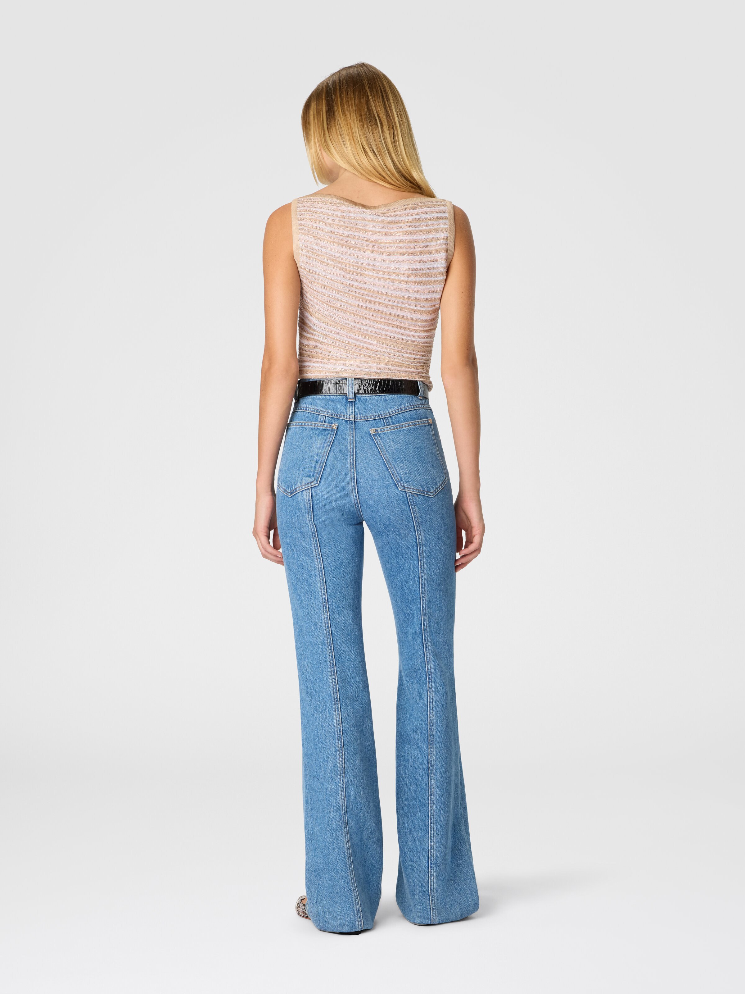 Boat Neck Top with Lamé Stripes, White  - 2
