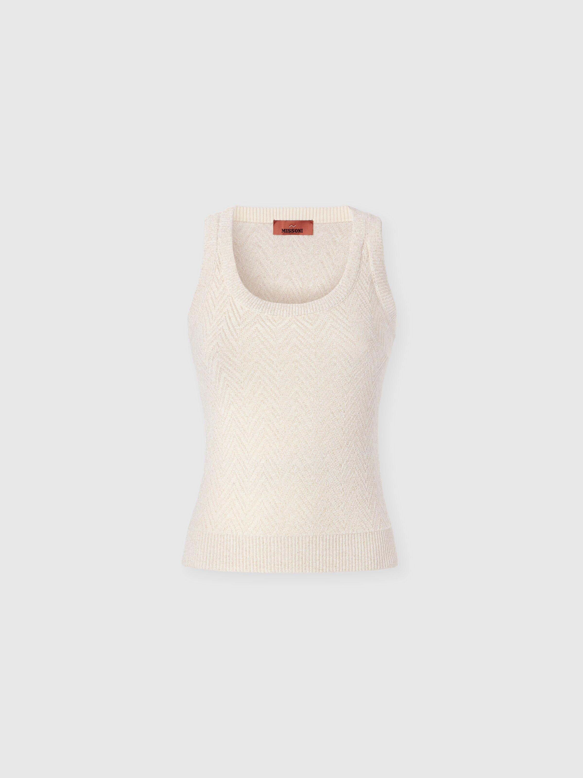 Cotton blend tank top with zigzag pattern, Beige - 0
