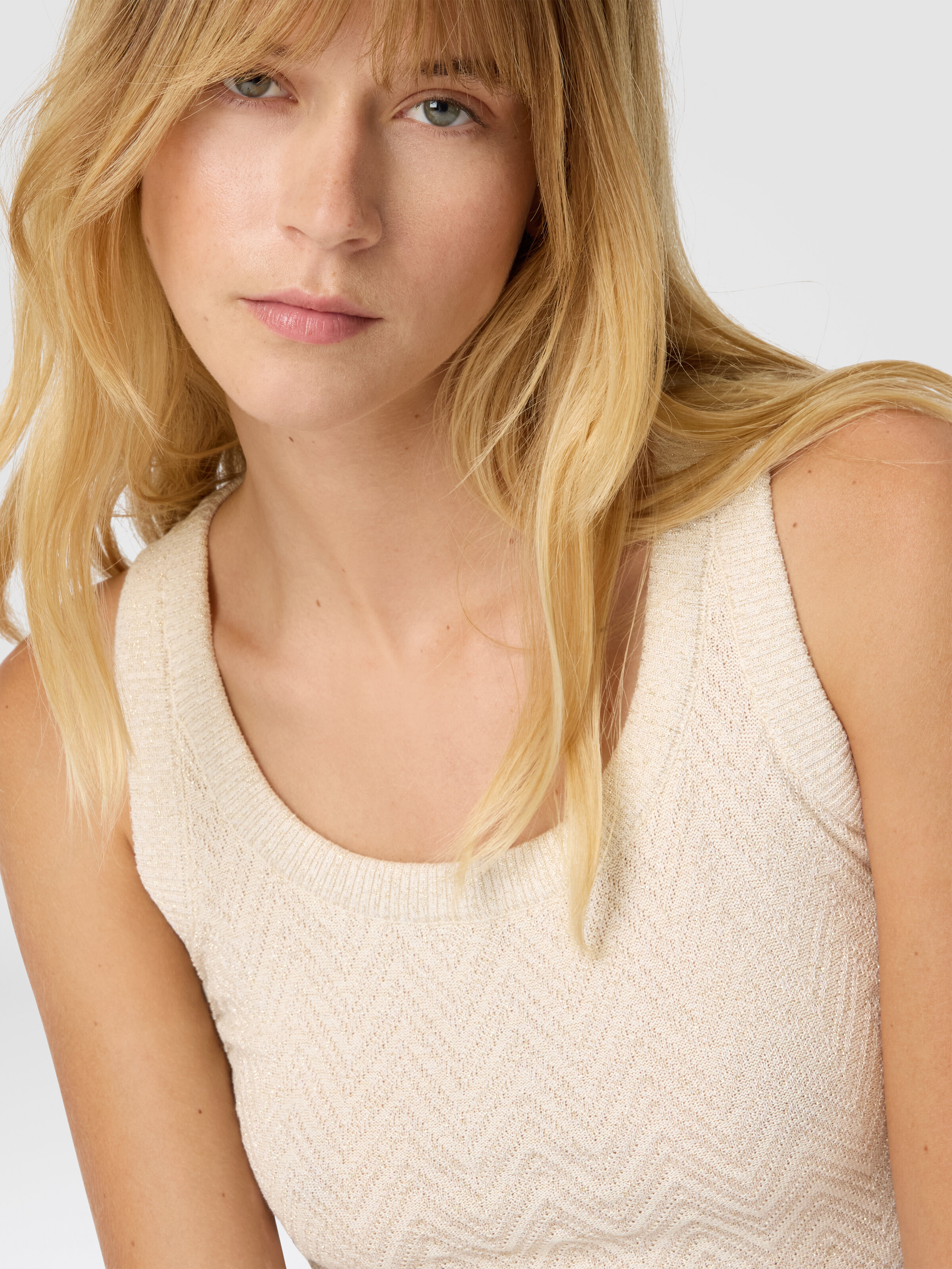 Cotton blend tank top with zigzag pattern, Beige - 4