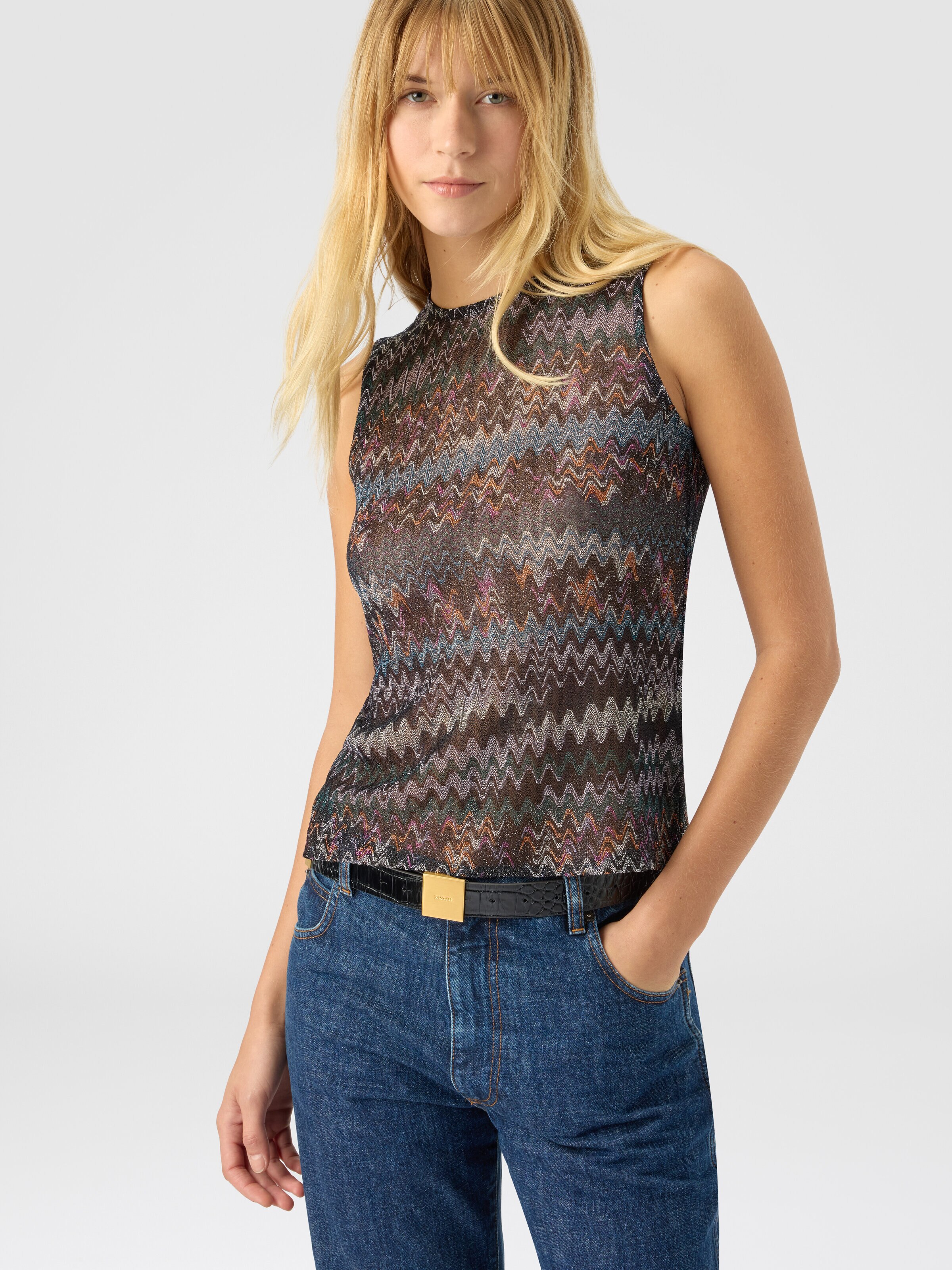 Sleeveless top in lamé viscose, Blue - 3