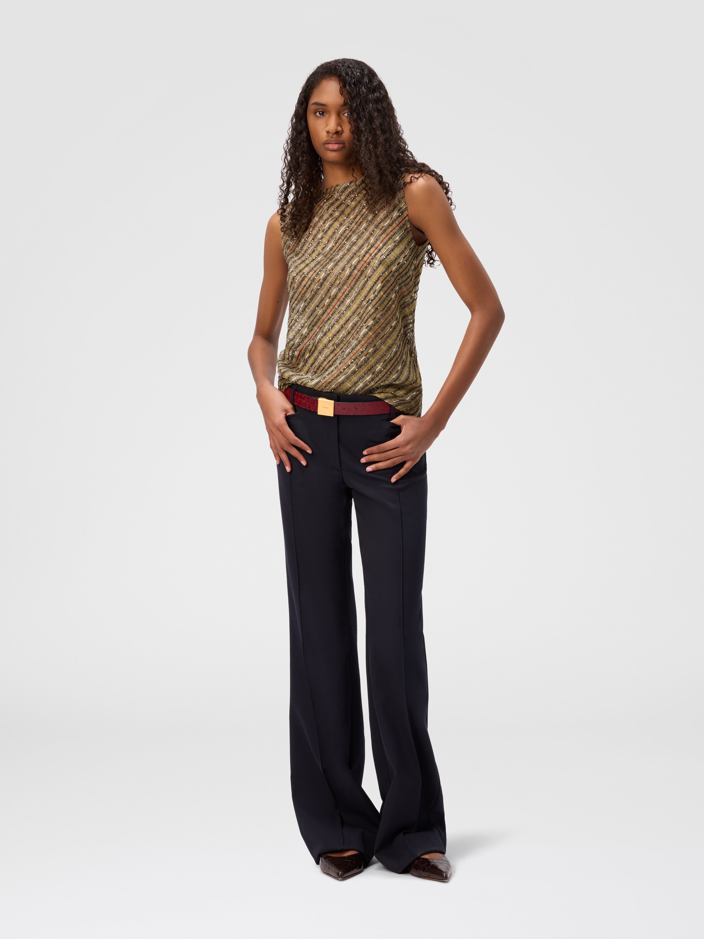 Criss-cross tartan crew neck top, Green & Gold - 1