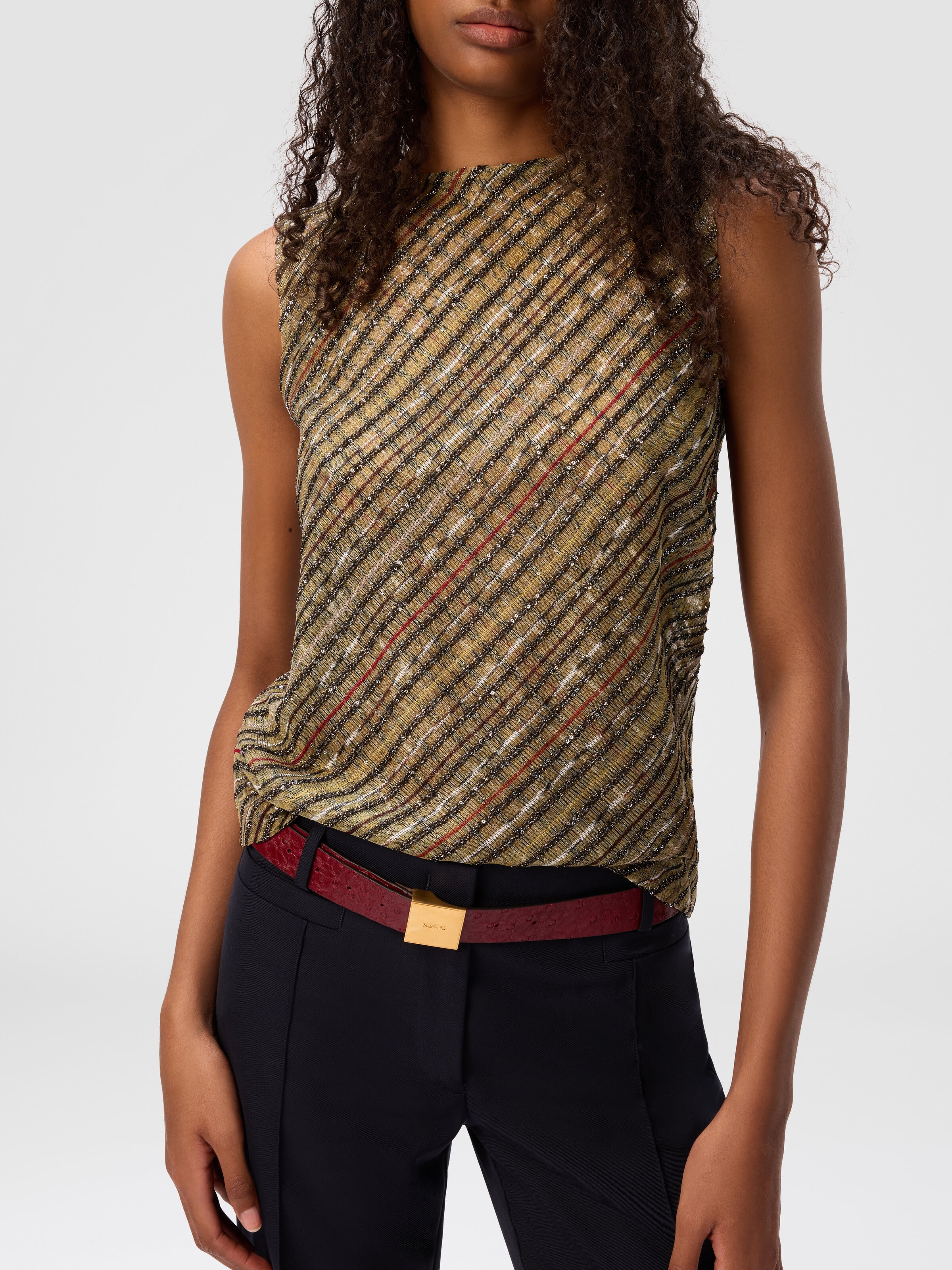 Criss-cross tartan crew neck top, Green & Gold - 4