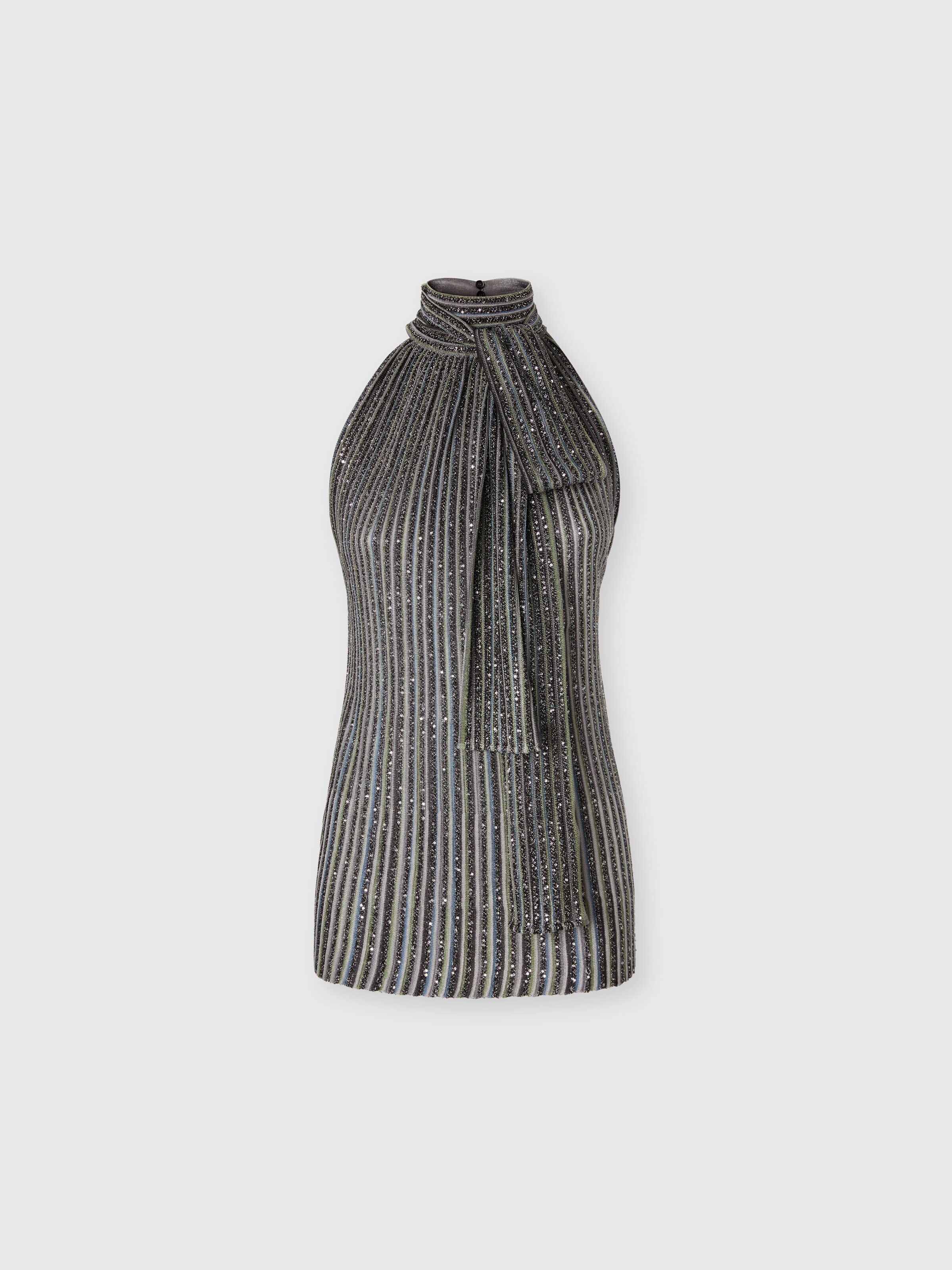 Top à nœud rayé avec paillettes, Argent & Gris - 0