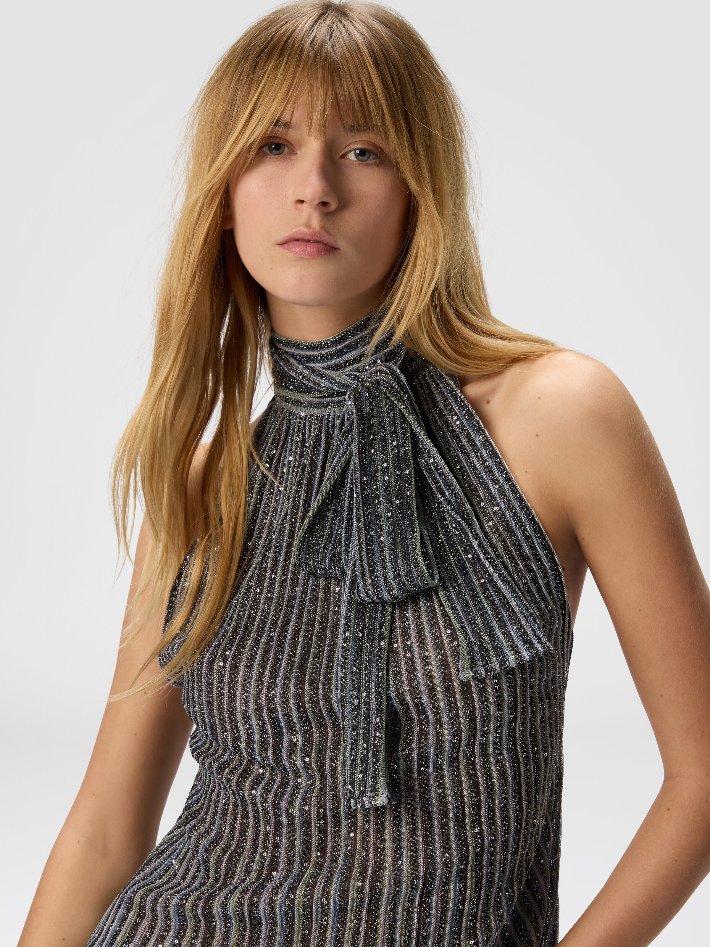 Top à nœud rayé avec paillettes, Argent & Gris - 4