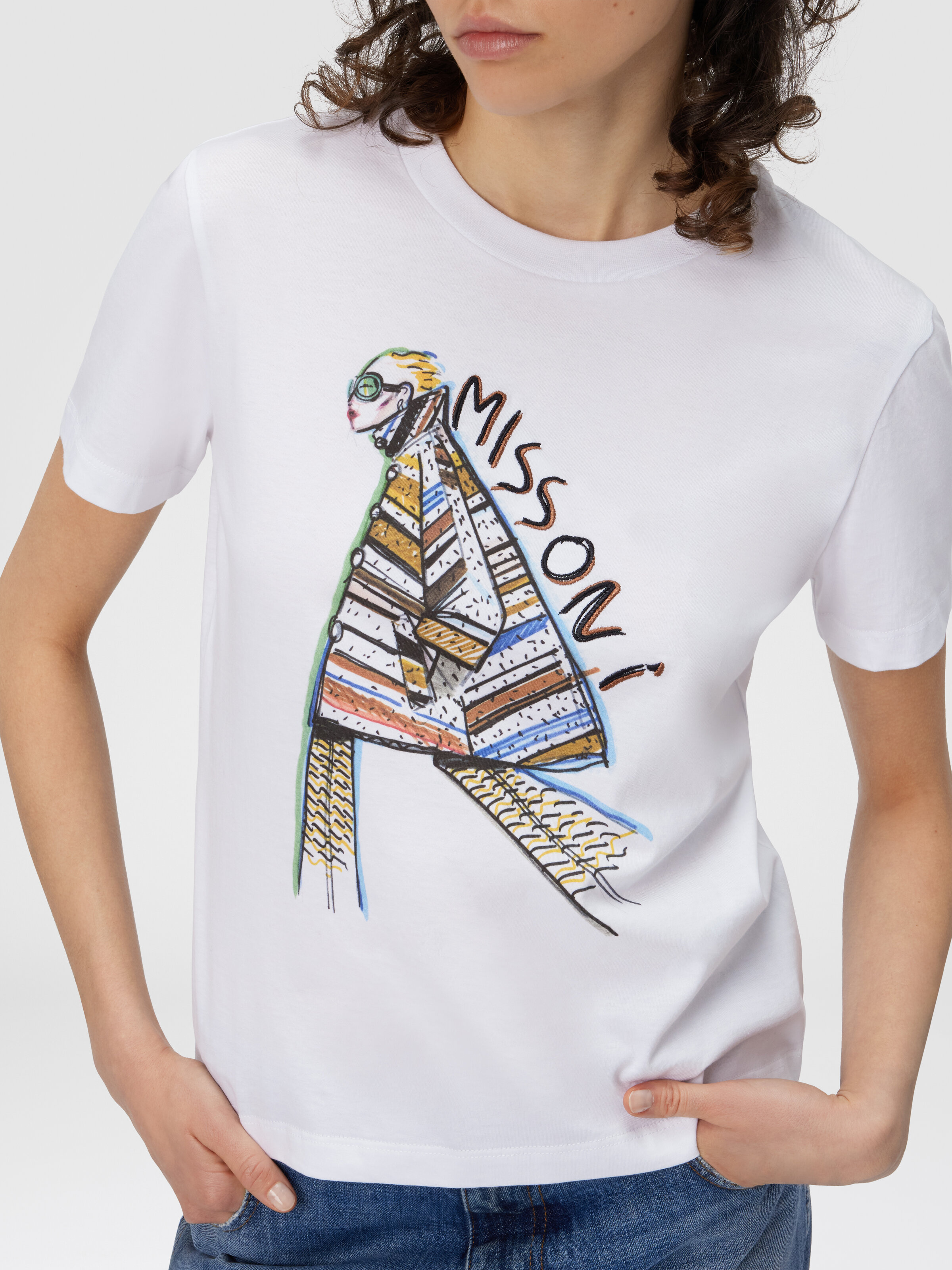 T-shirt manches courtes imprimé avec logo, Blanc  - 4