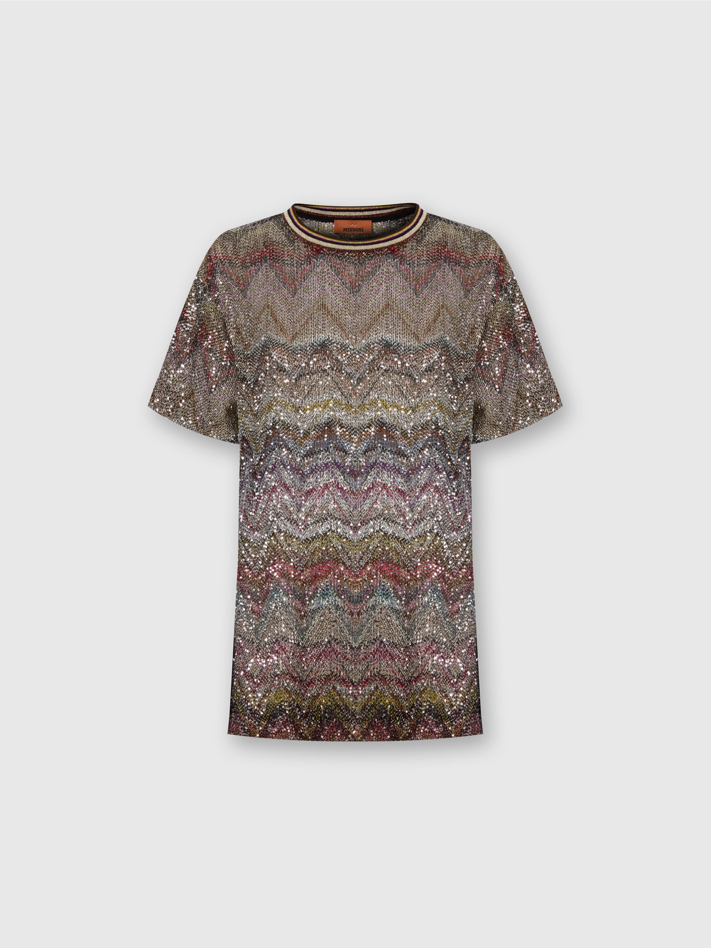 T-shirt manches courtes à motif zigzag et paillettes, Multicolore  - 0