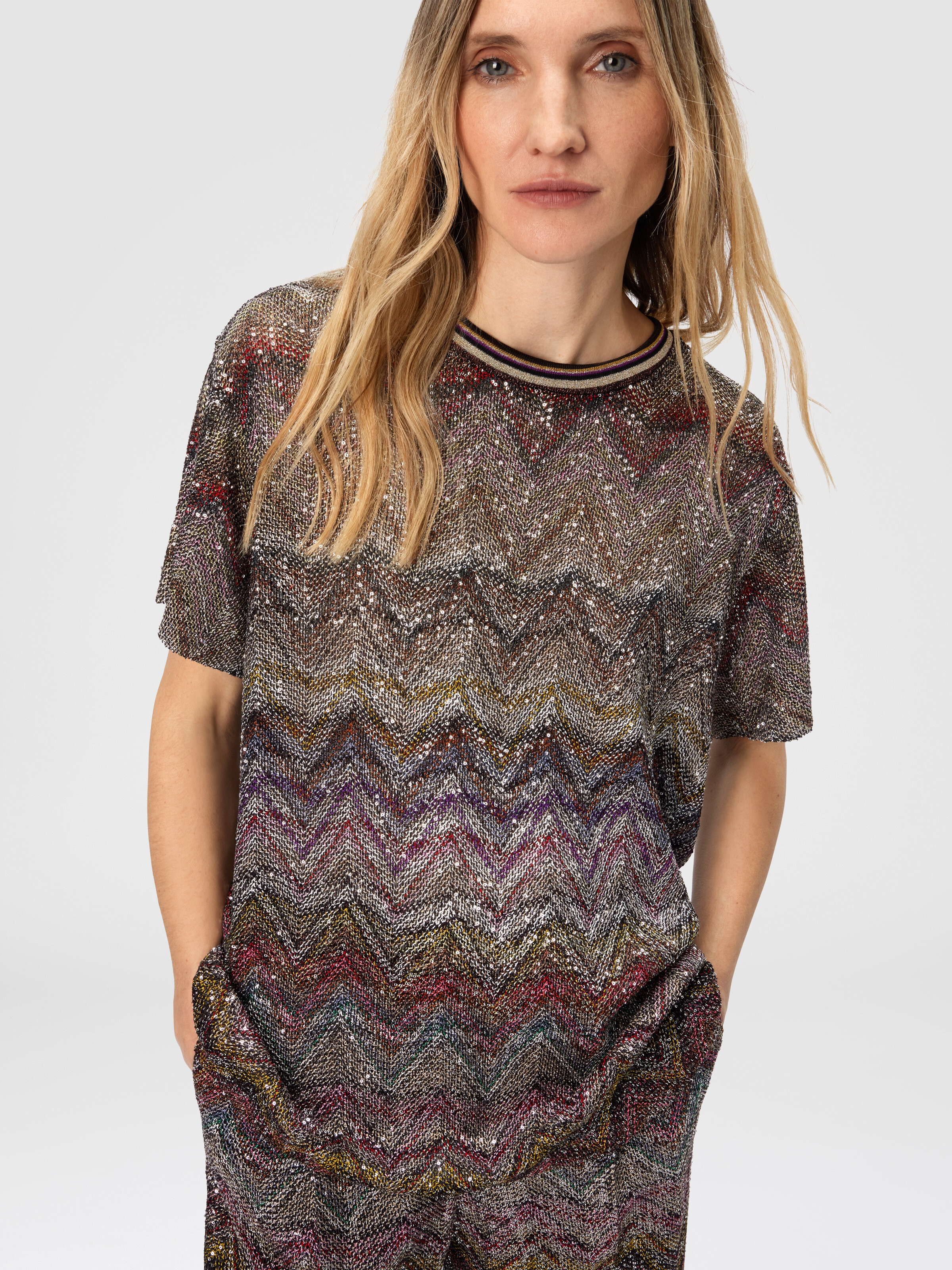 T-shirt manches courtes à motif zigzag et paillettes, Multicolore  - 3