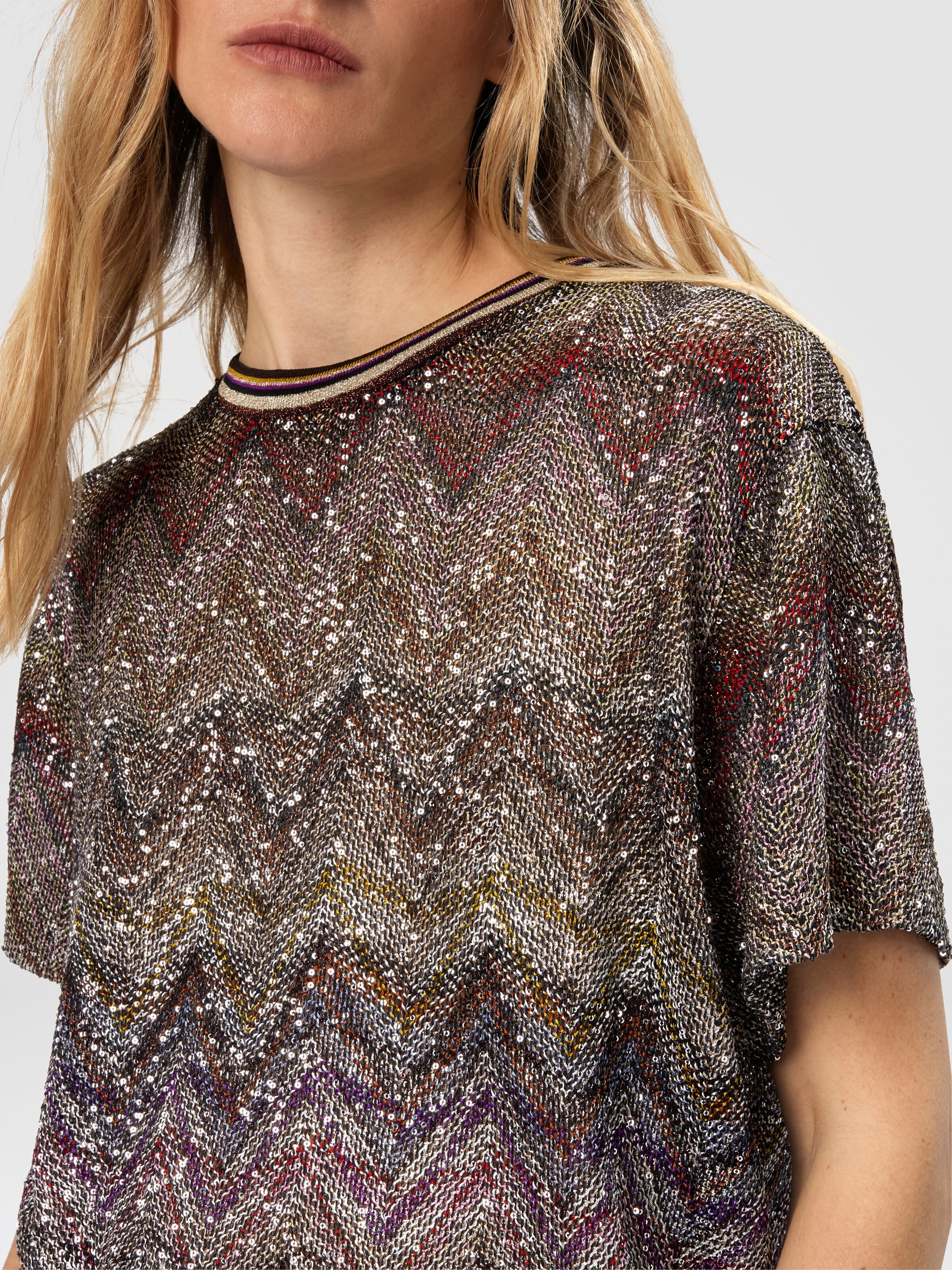 T-shirt manches courtes à motif zigzag et paillettes, Multicolore  - 4