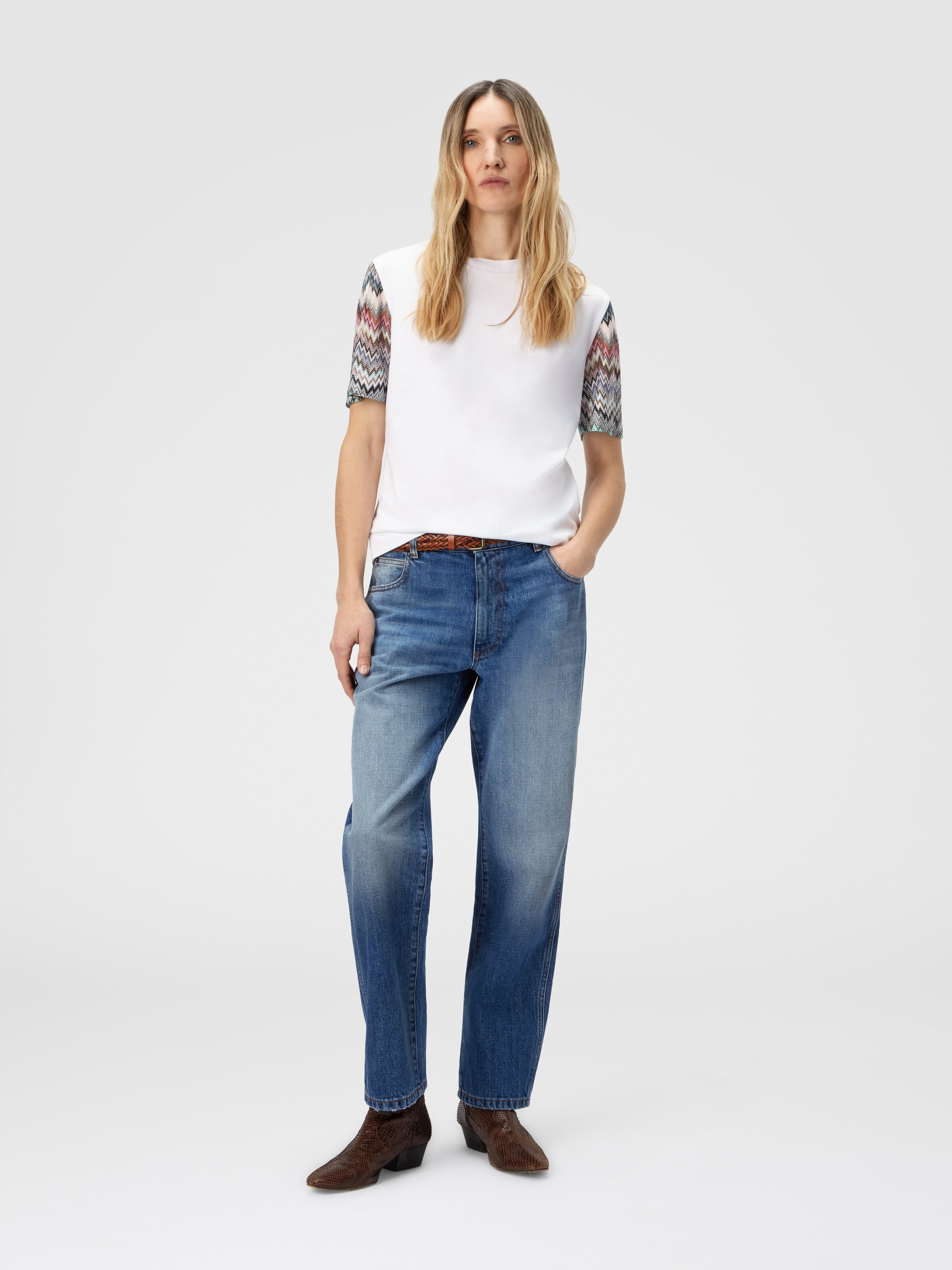 Short Sleeve T-Shirt with Snake Pattern Insert, White  - 1