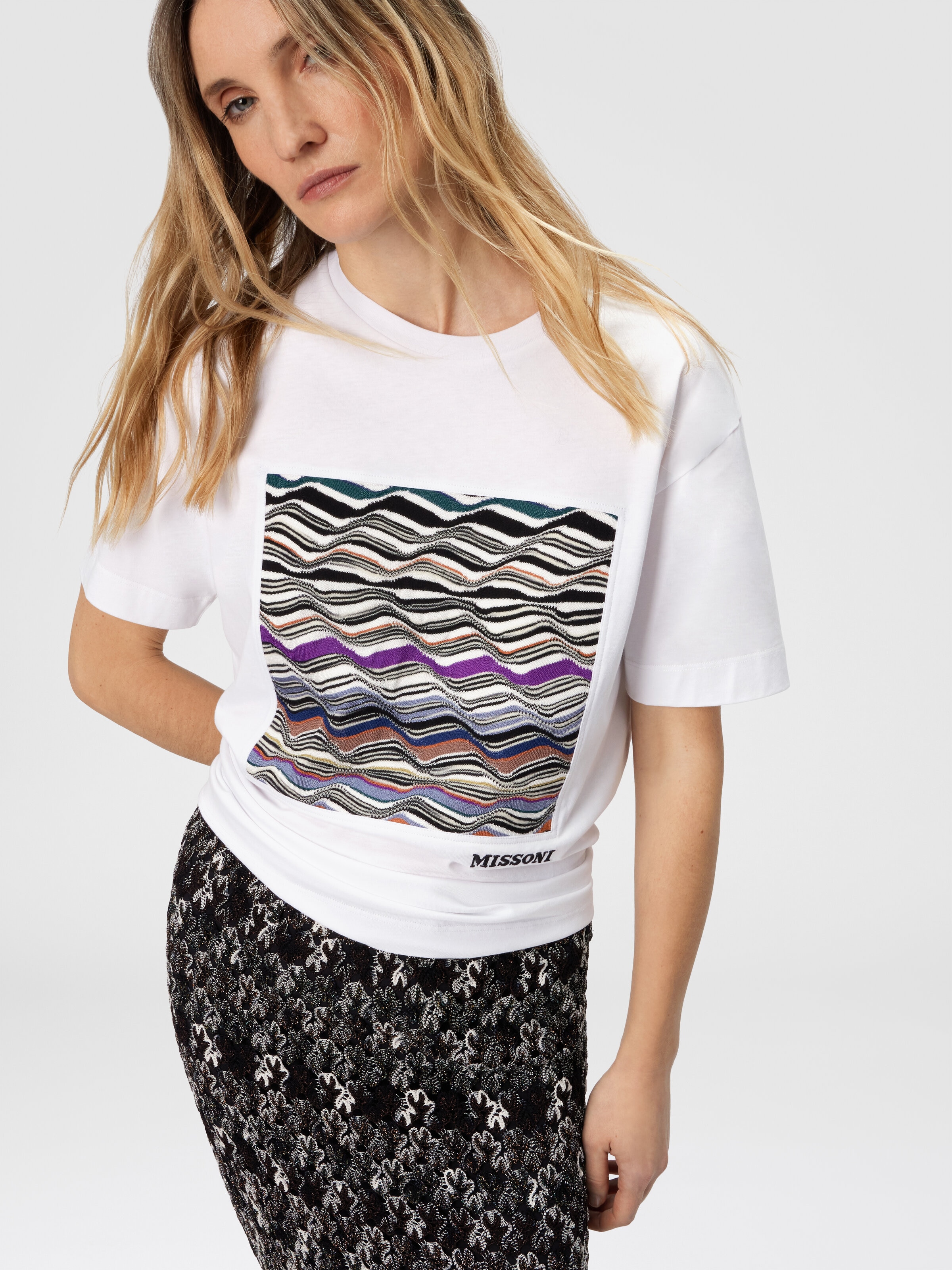 T-shirt manches courtes avec insert en maille et logo, Blanc  - 3