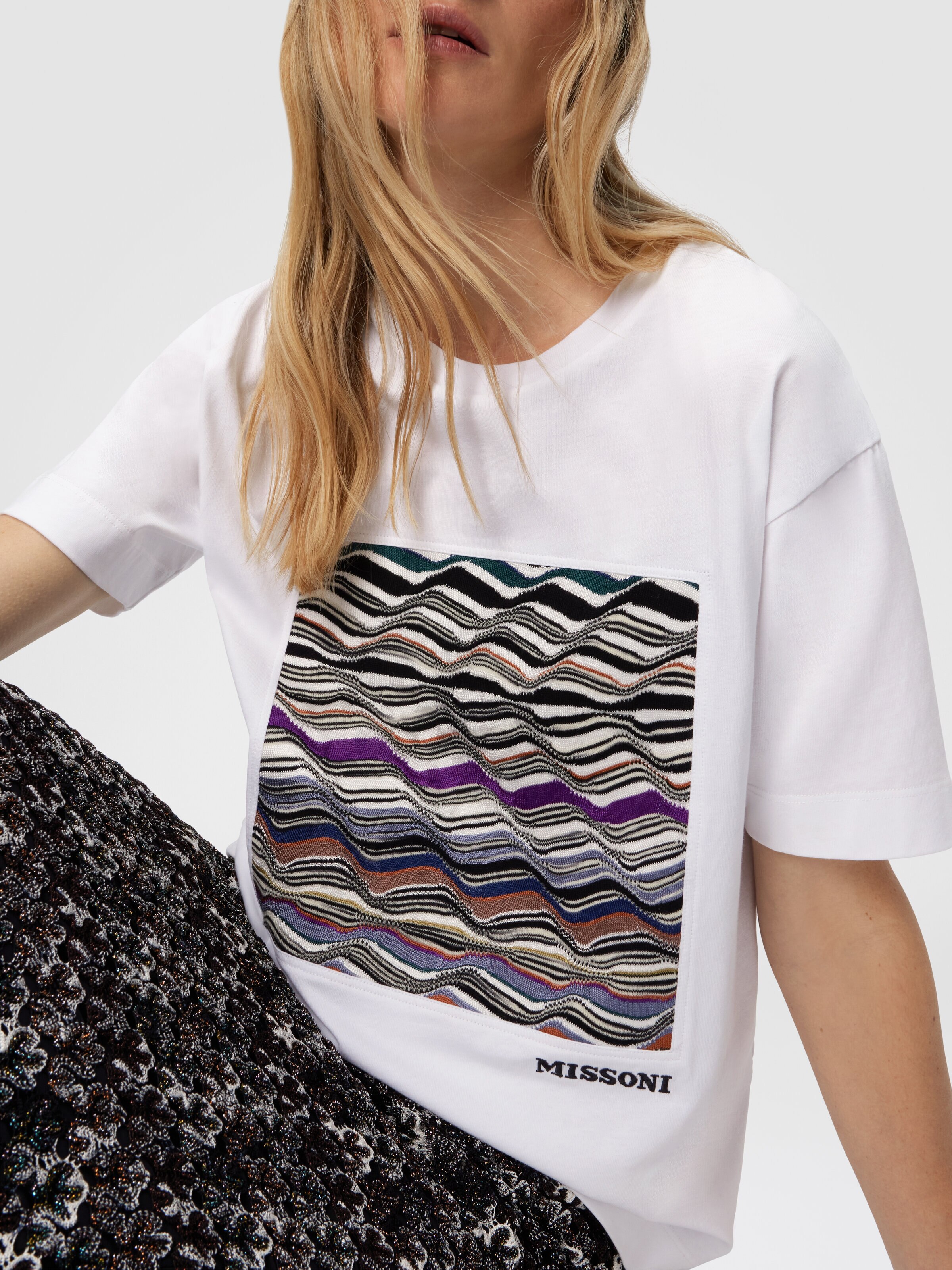 T-shirt manches courtes avec insert en maille et logo, Blanc  - 4