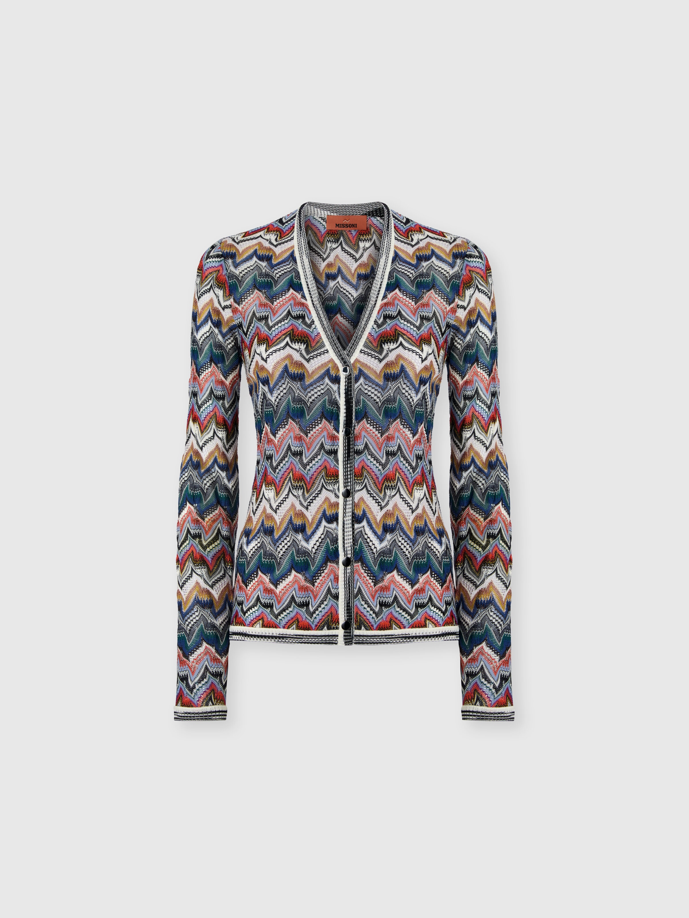 V-Neck Cardigan in Embroidered Lace, Multicoloured  - 0