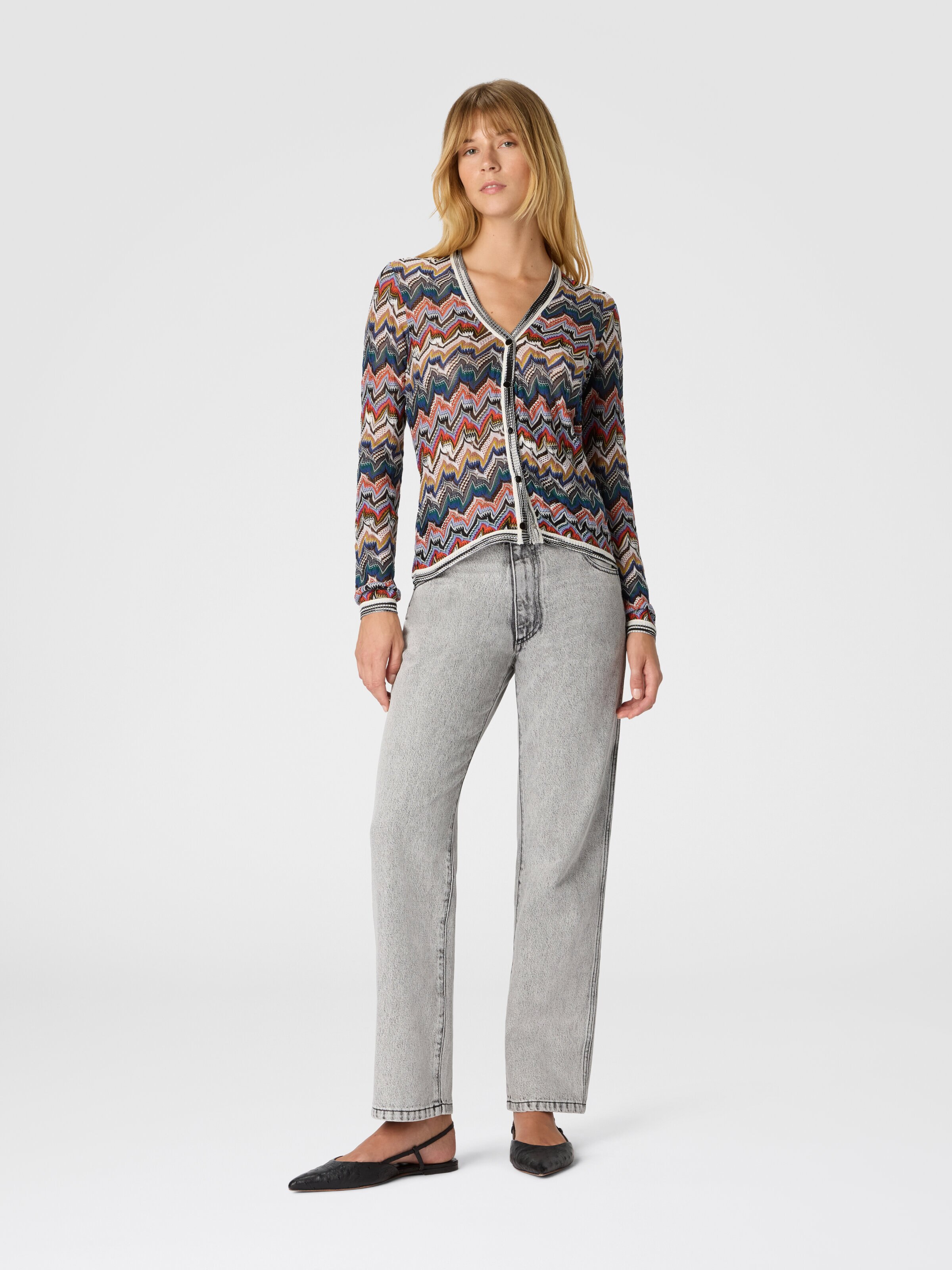 V-Neck Cardigan in Embroidered Lace, Multicoloured  - 1