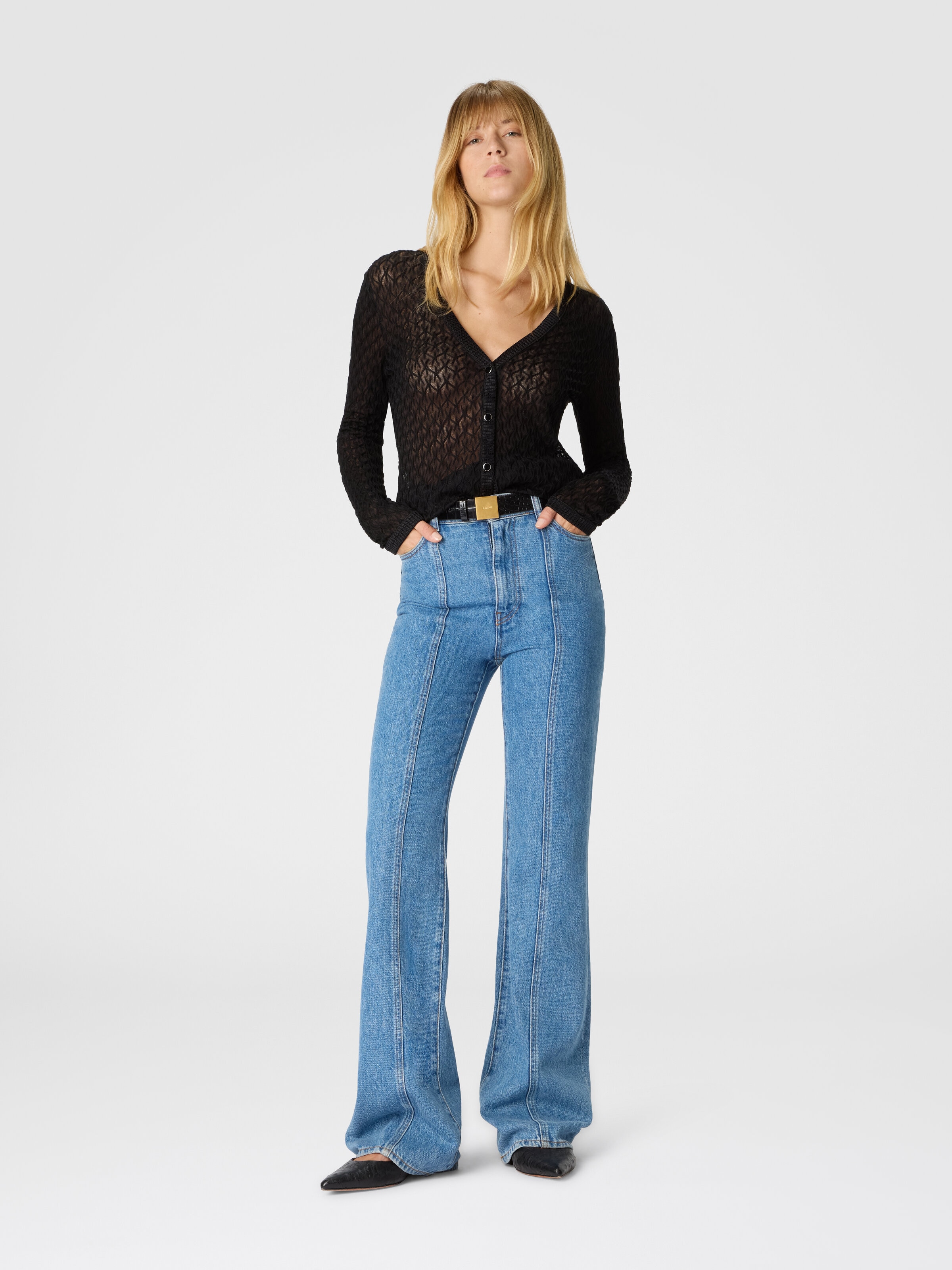 Cárdigan slim con escote en V de encaje, Negro - 1