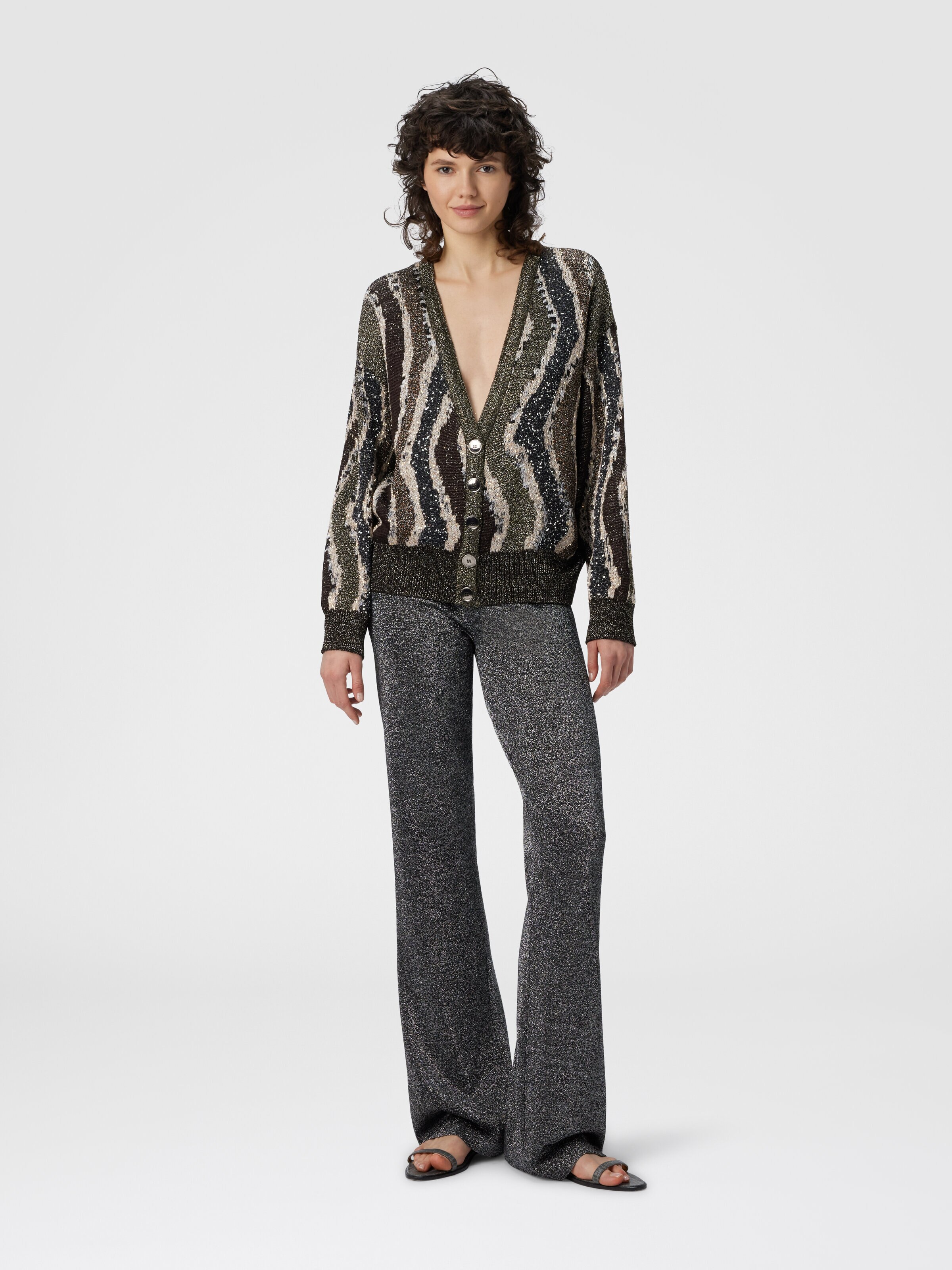 Cardigan boxy à boutons à motif vague, Brun - 1