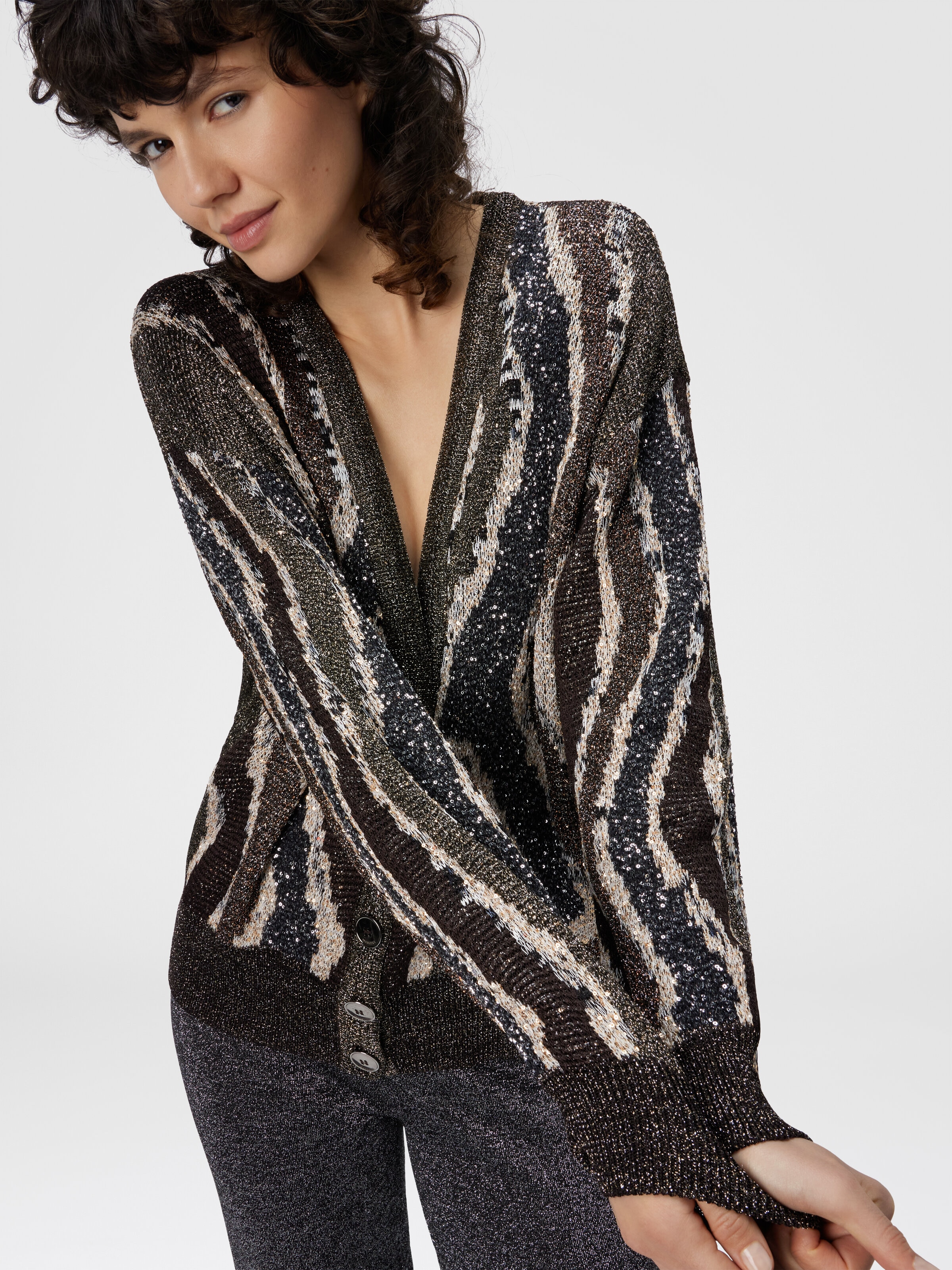 Cardigan boxy à boutons à motif vague, Brun - 3