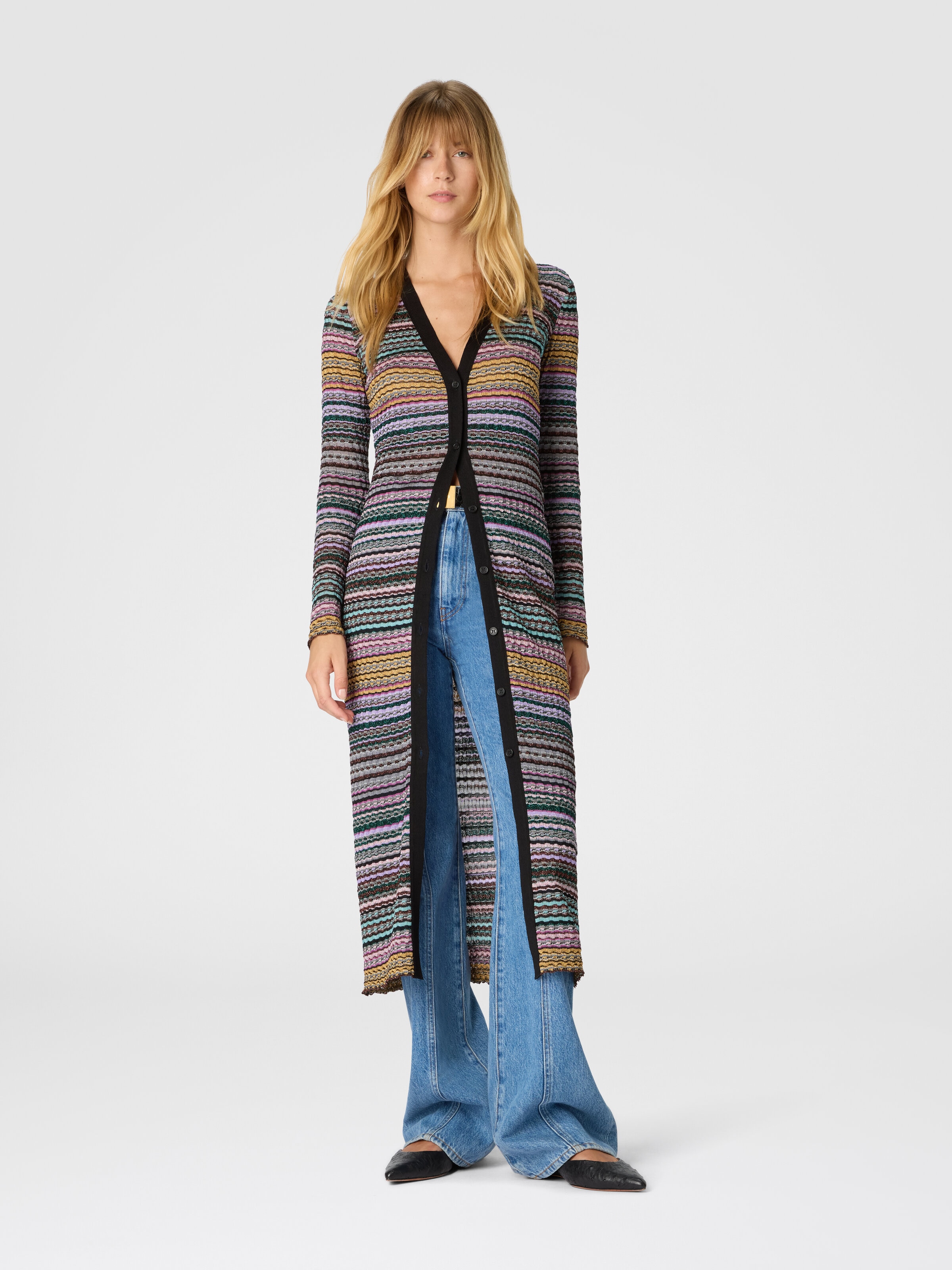 Slim Long Striped Cardigan, Multicoloured  - 1