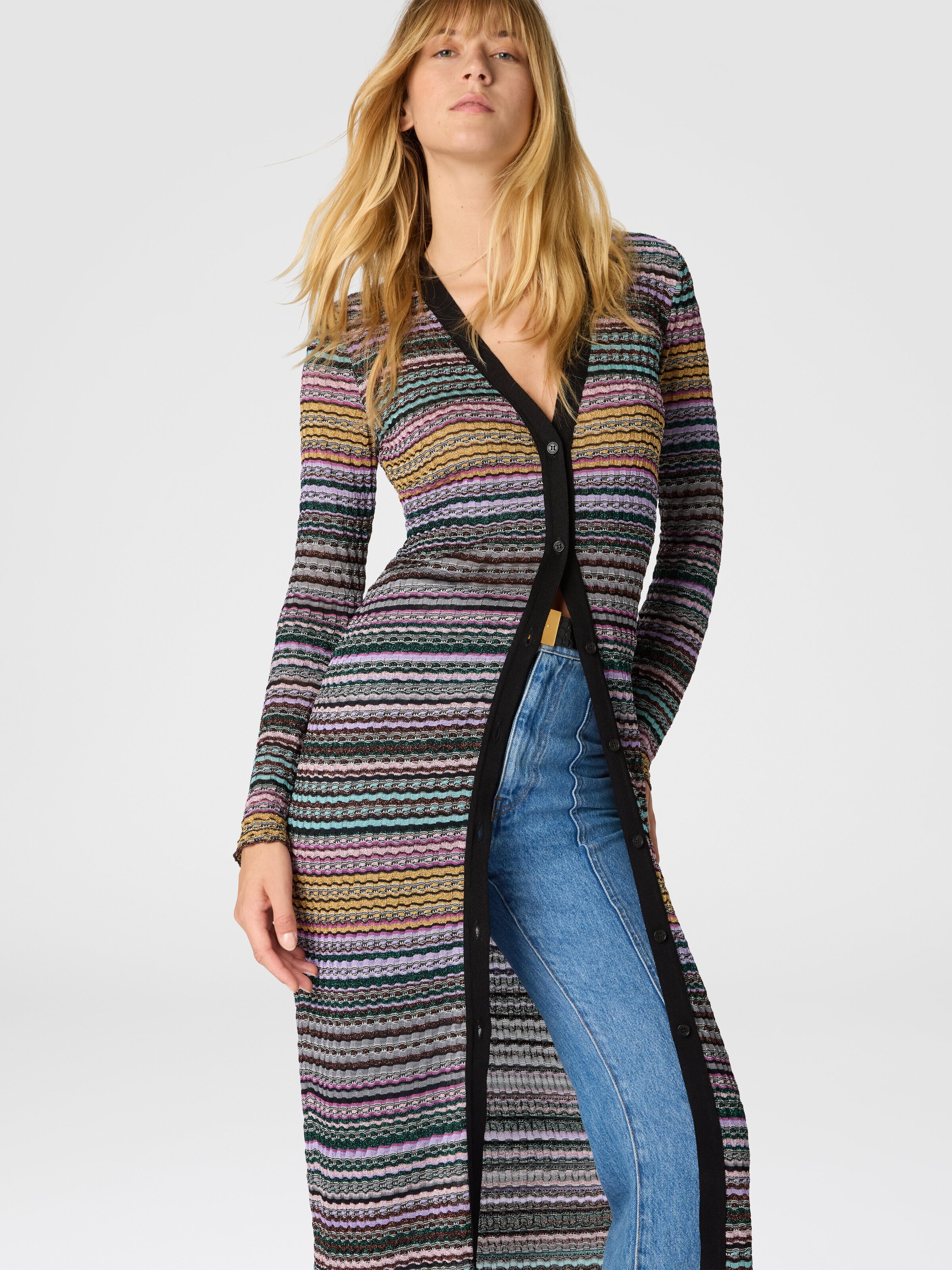 Slim Long Striped Cardigan, Multicoloured  - 3