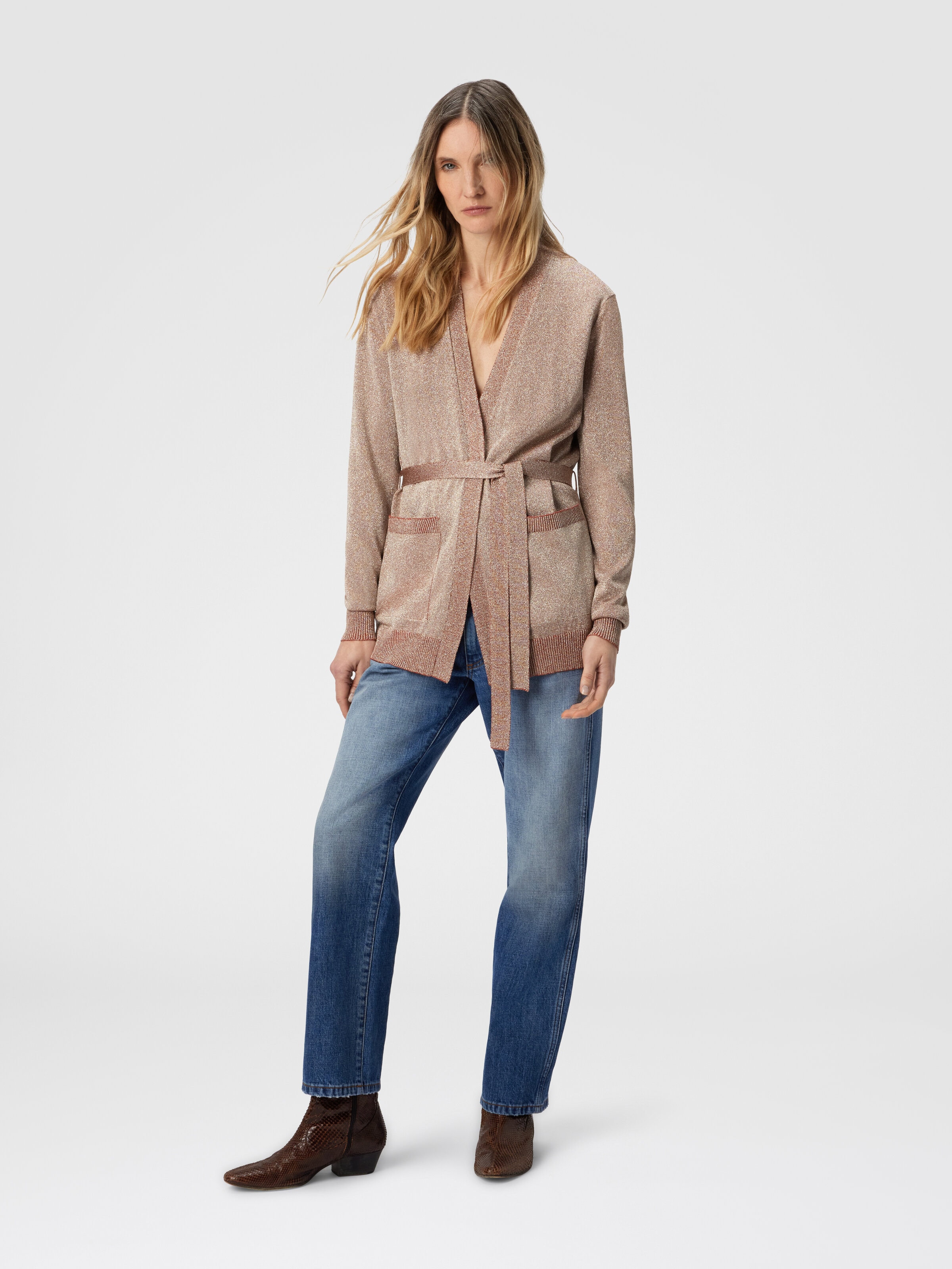 Cardigan with Belt in Lamé, Pink Lamé - 1
