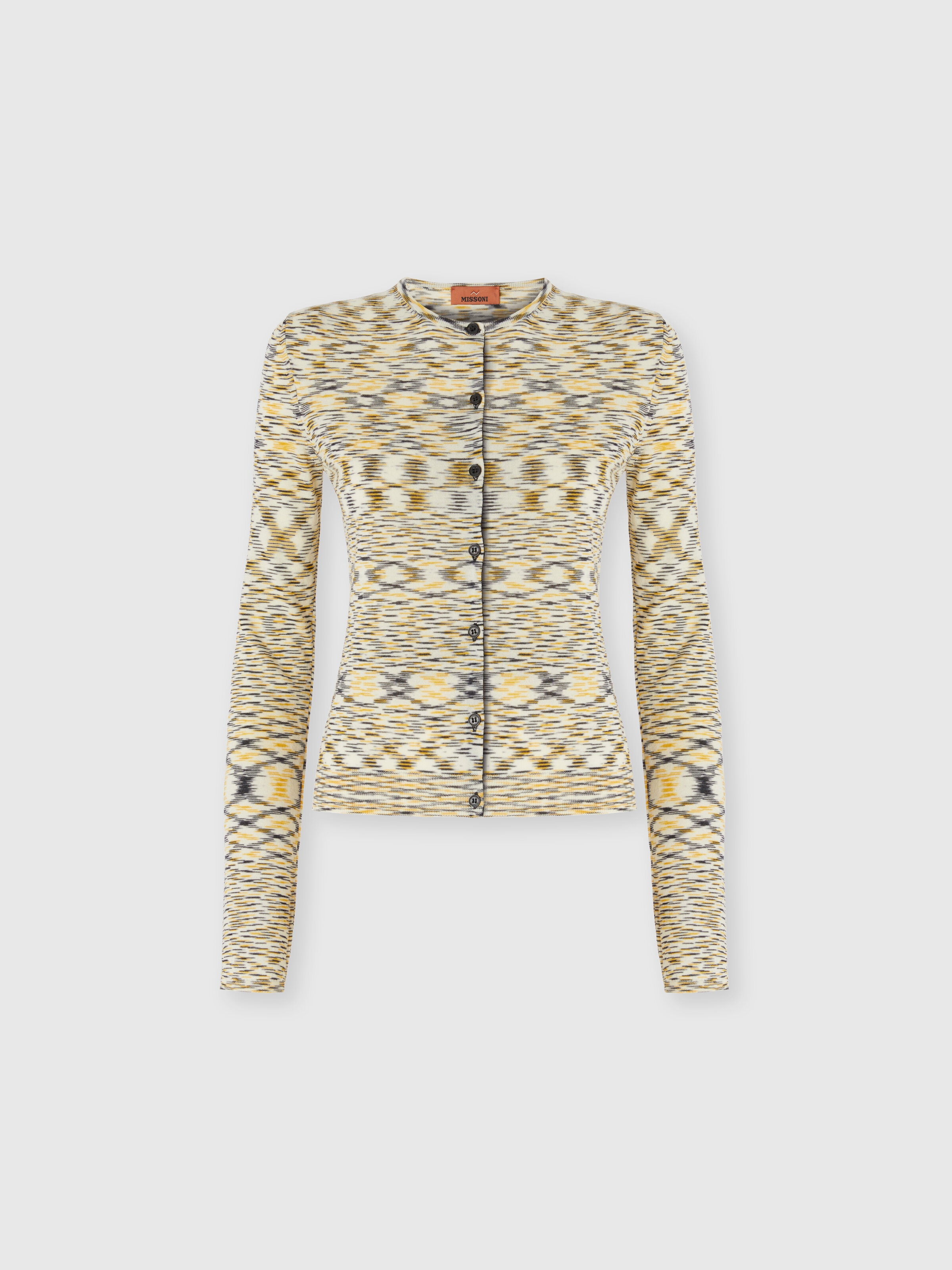 Short Crew Neck Cardigan in Smooth Flame Knit, Yellow  - 0