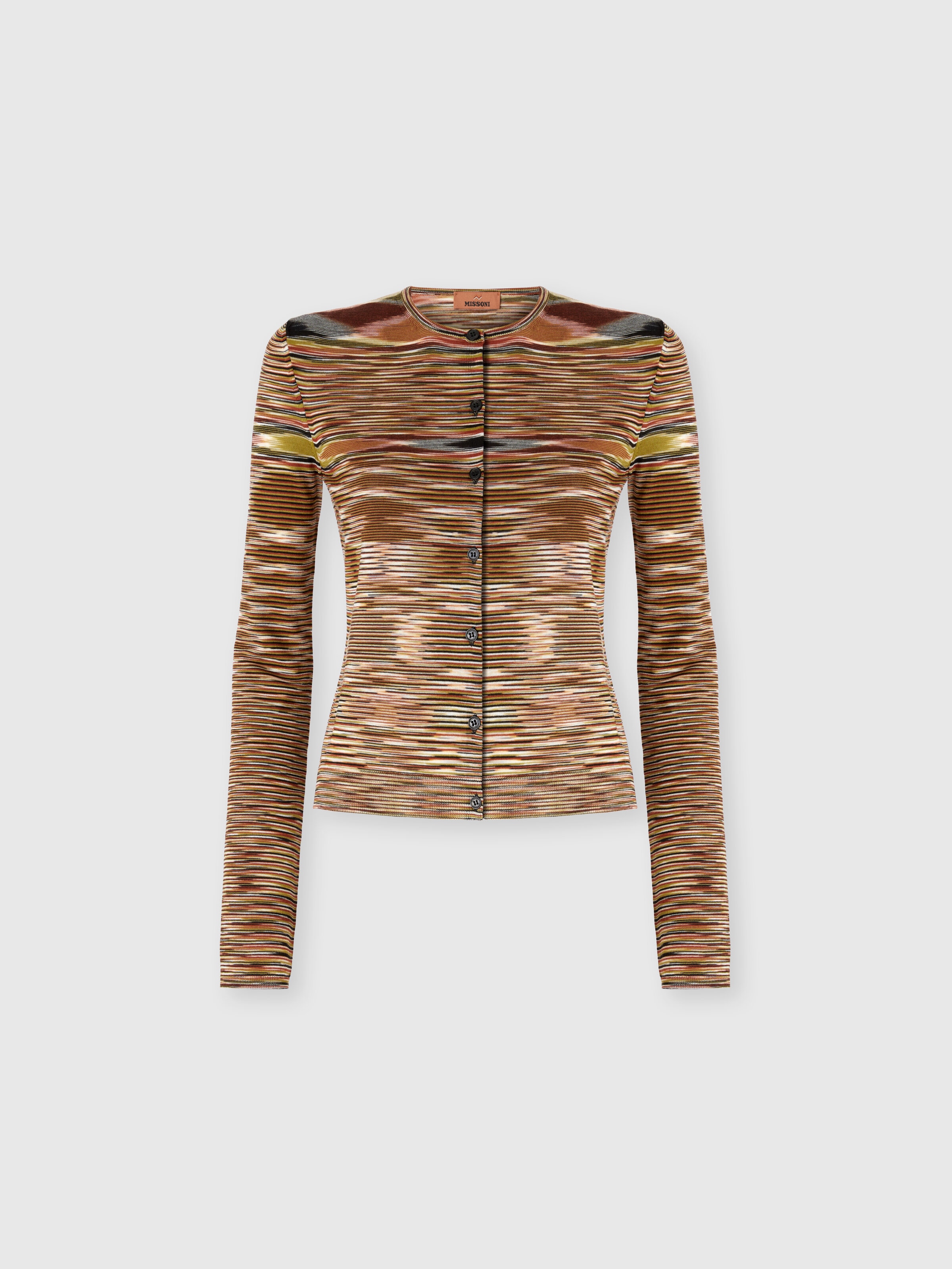 Short Crew Neck Cardigan in Smooth Flame Knit, Multicoloured  - 0