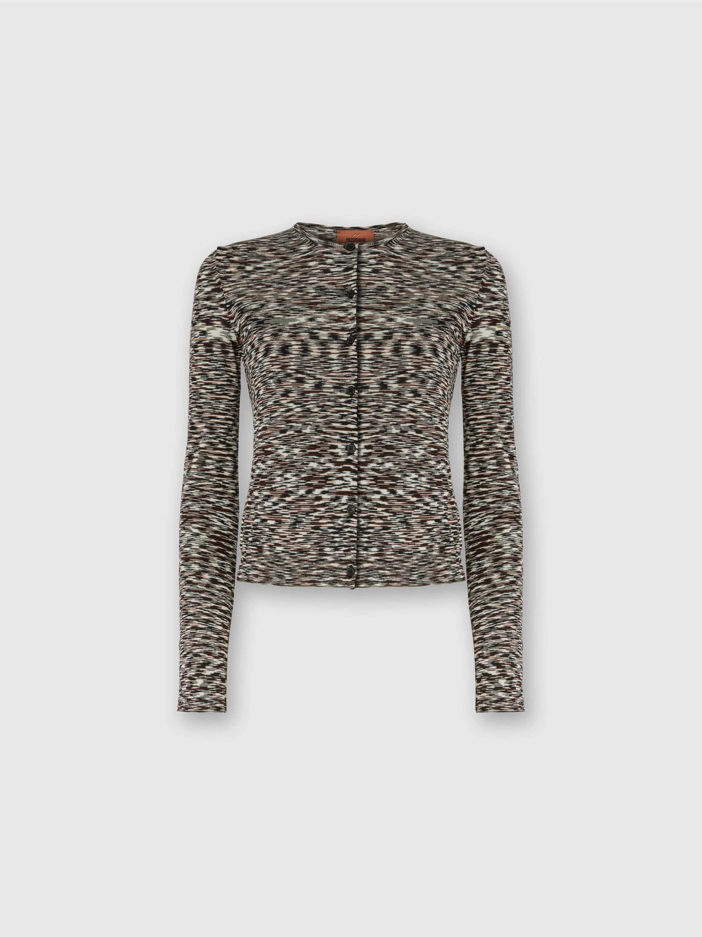 Short Crew Neck Cardigan in Smooth Flame Knit, Black & Brown - 0