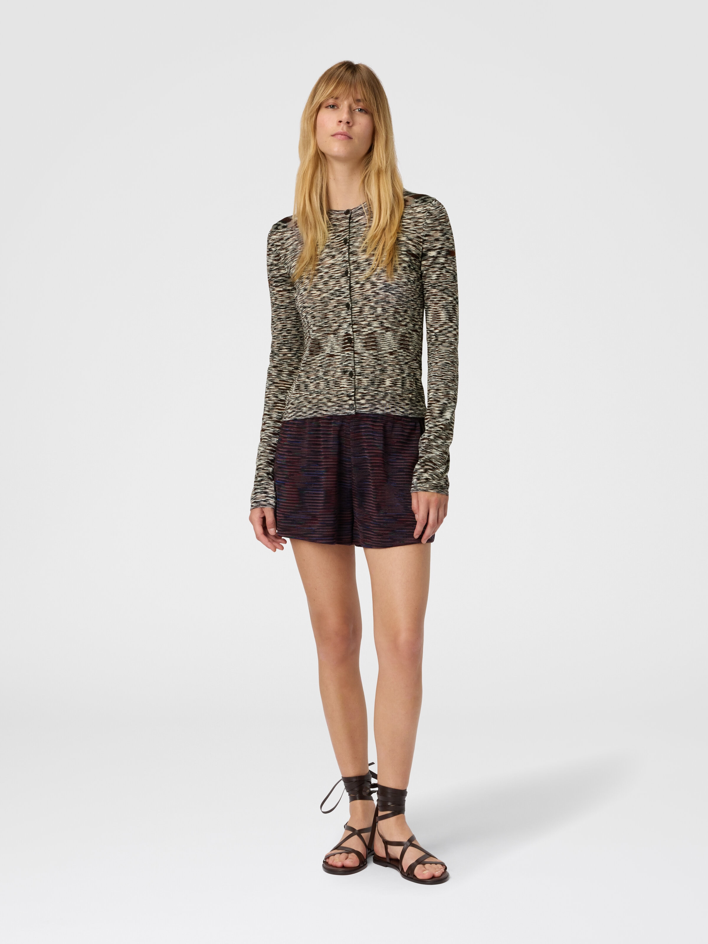 Short Crew Neck Cardigan in Smooth Flame Knit, Black & Brown - 1