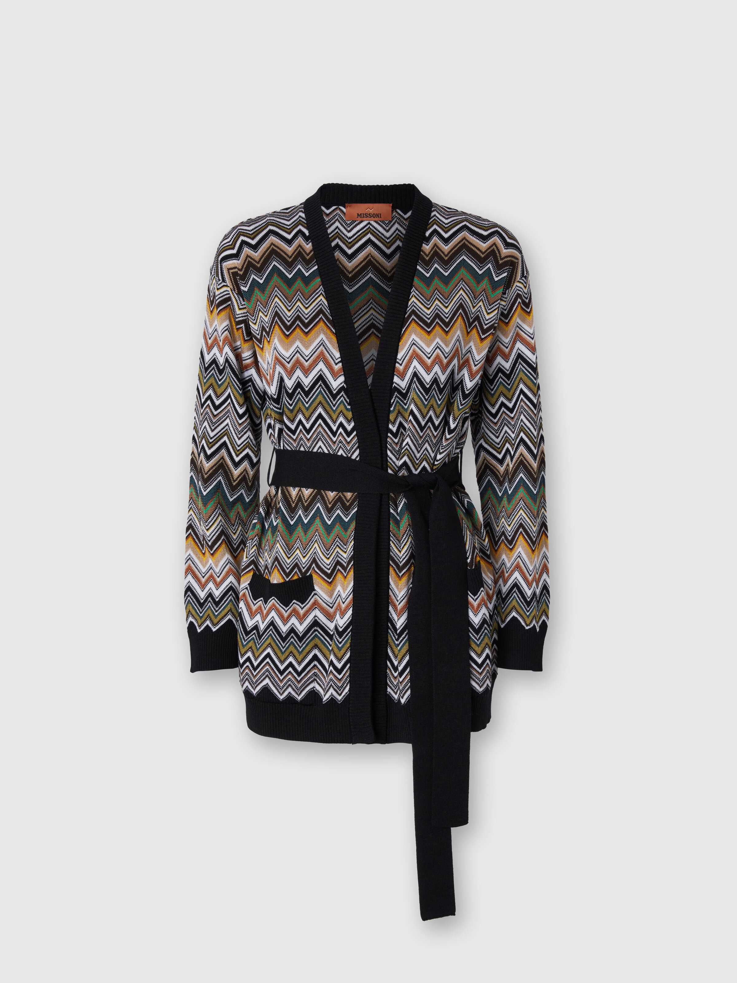 Relaxed Fit Cardigan with Belt and Chevron Pattern, Multicoloured  - 0