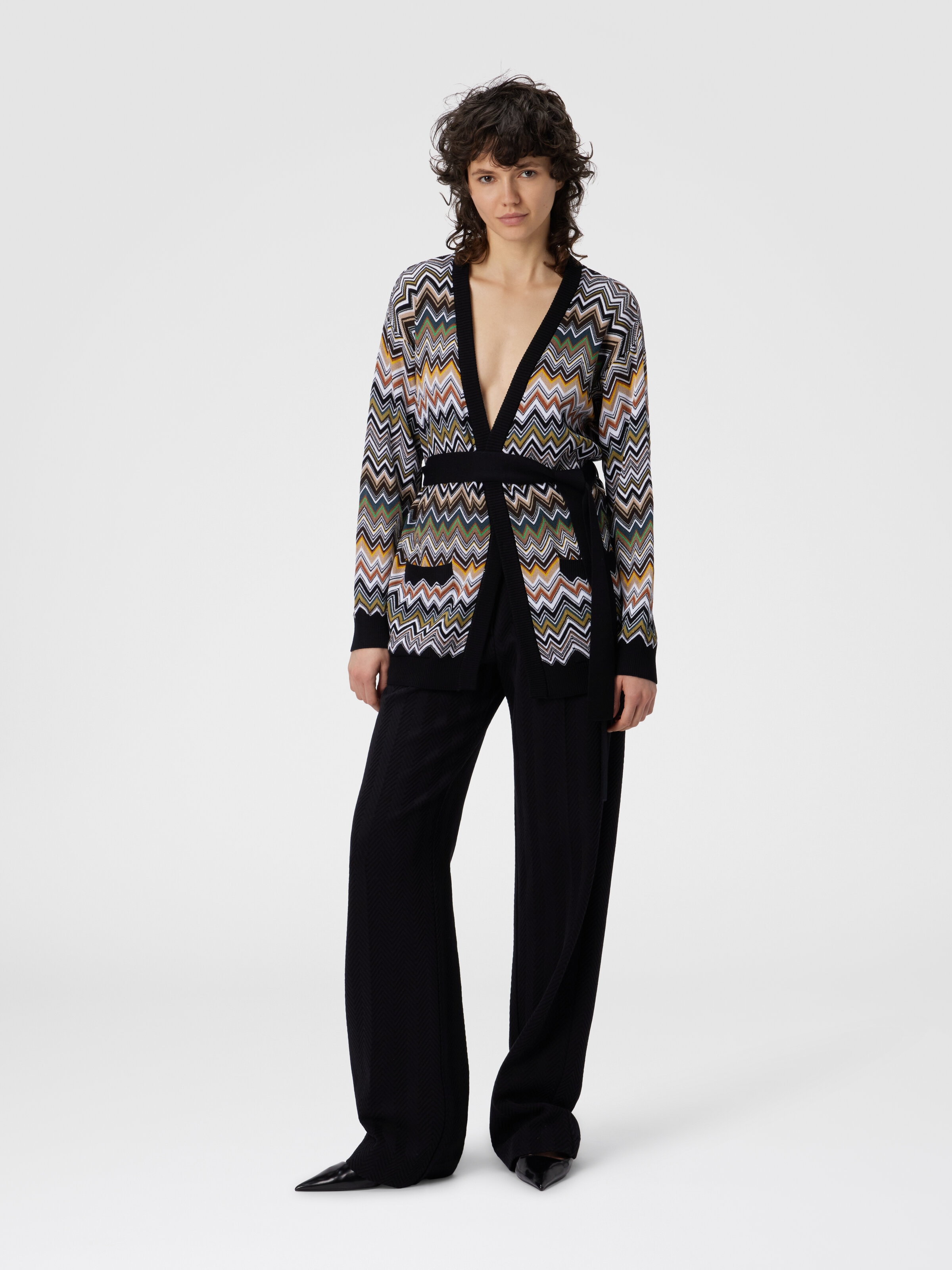 Relaxed Fit Cardigan with Belt and Chevron Pattern, Multicoloured  - 1