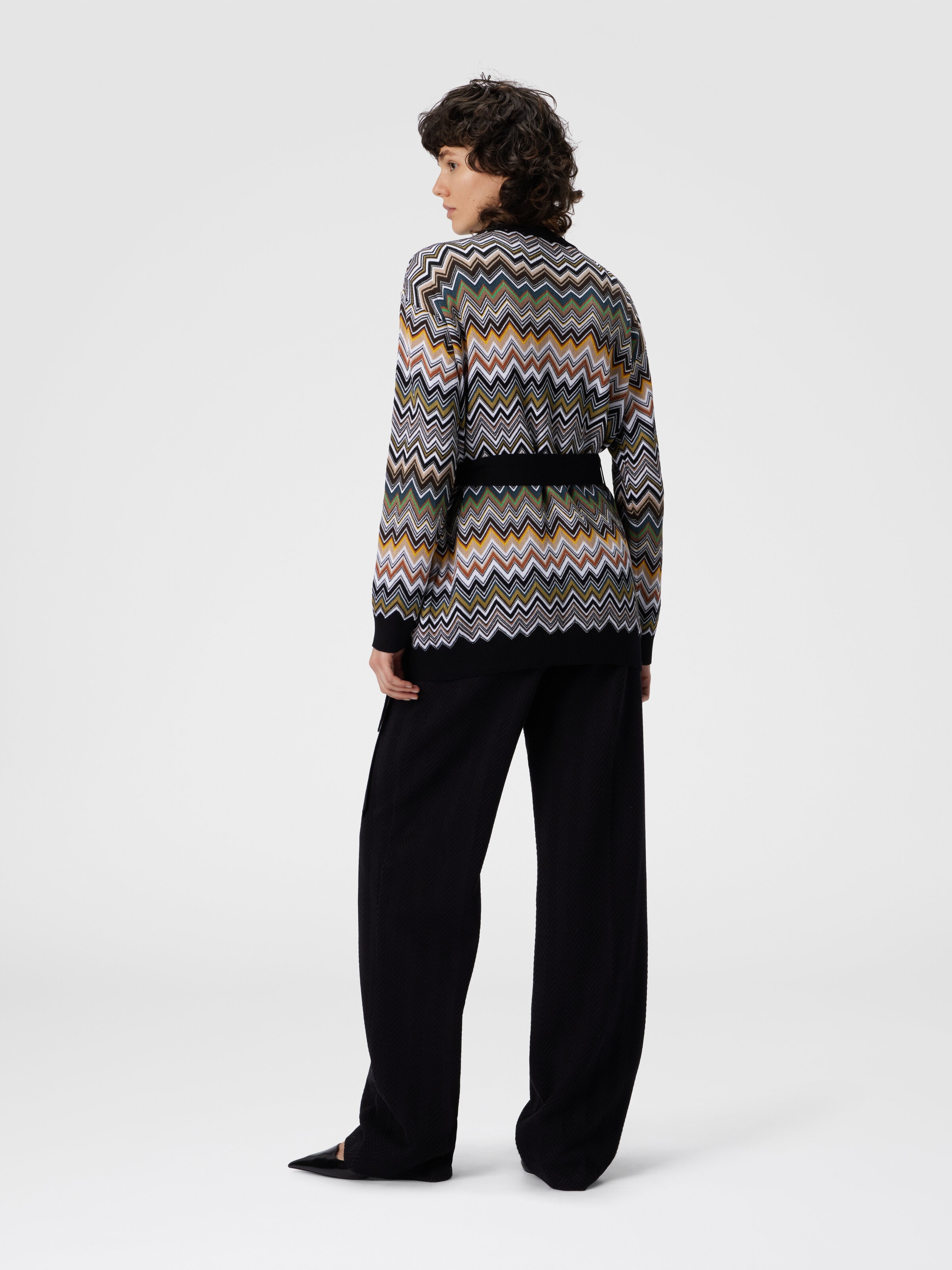 Relaxed Fit Cardigan with Belt and Chevron Pattern, Multicoloured  - 2