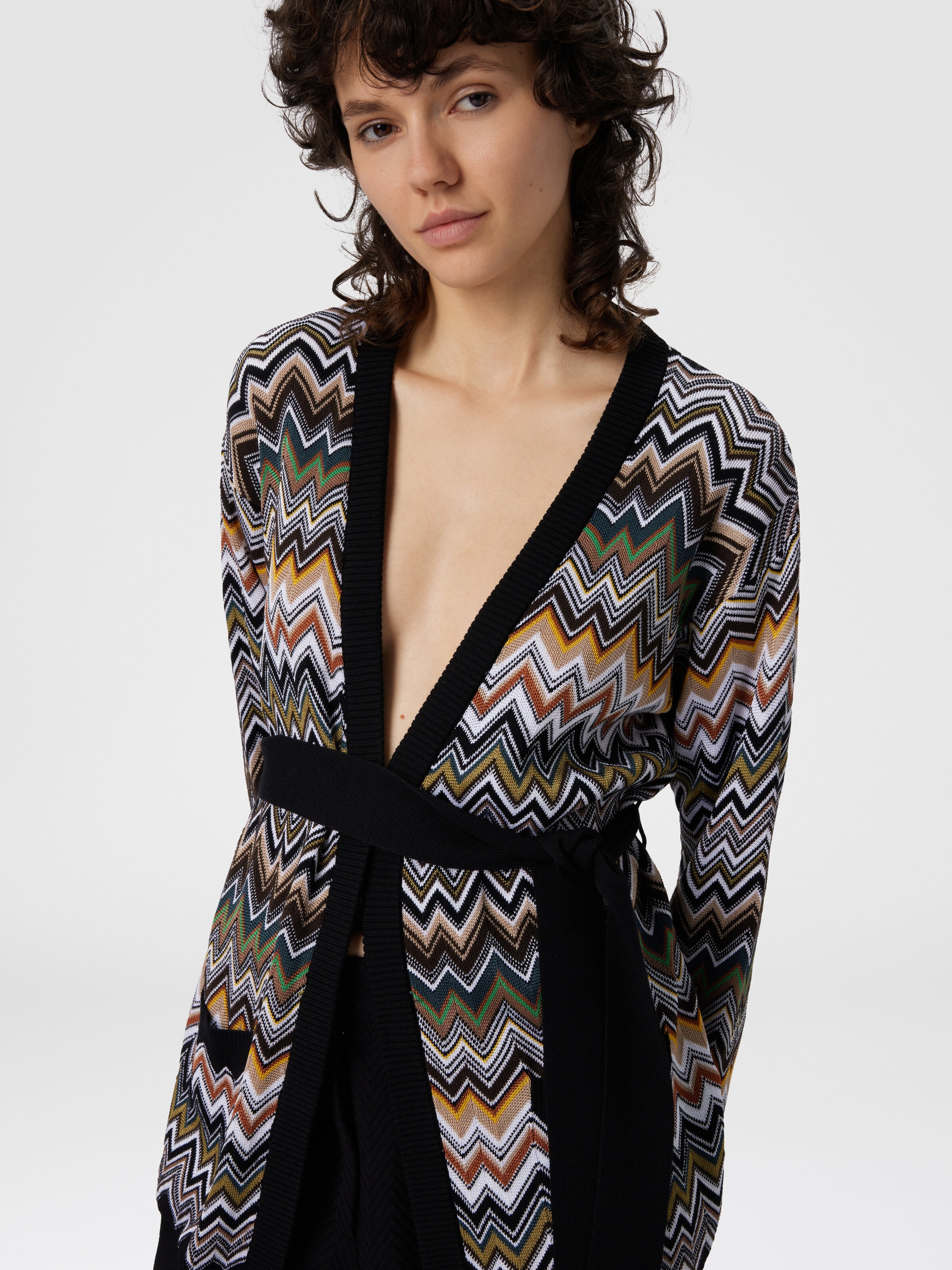 Relaxed Fit Cardigan with Belt and Chevron Pattern, Multicoloured  - 3