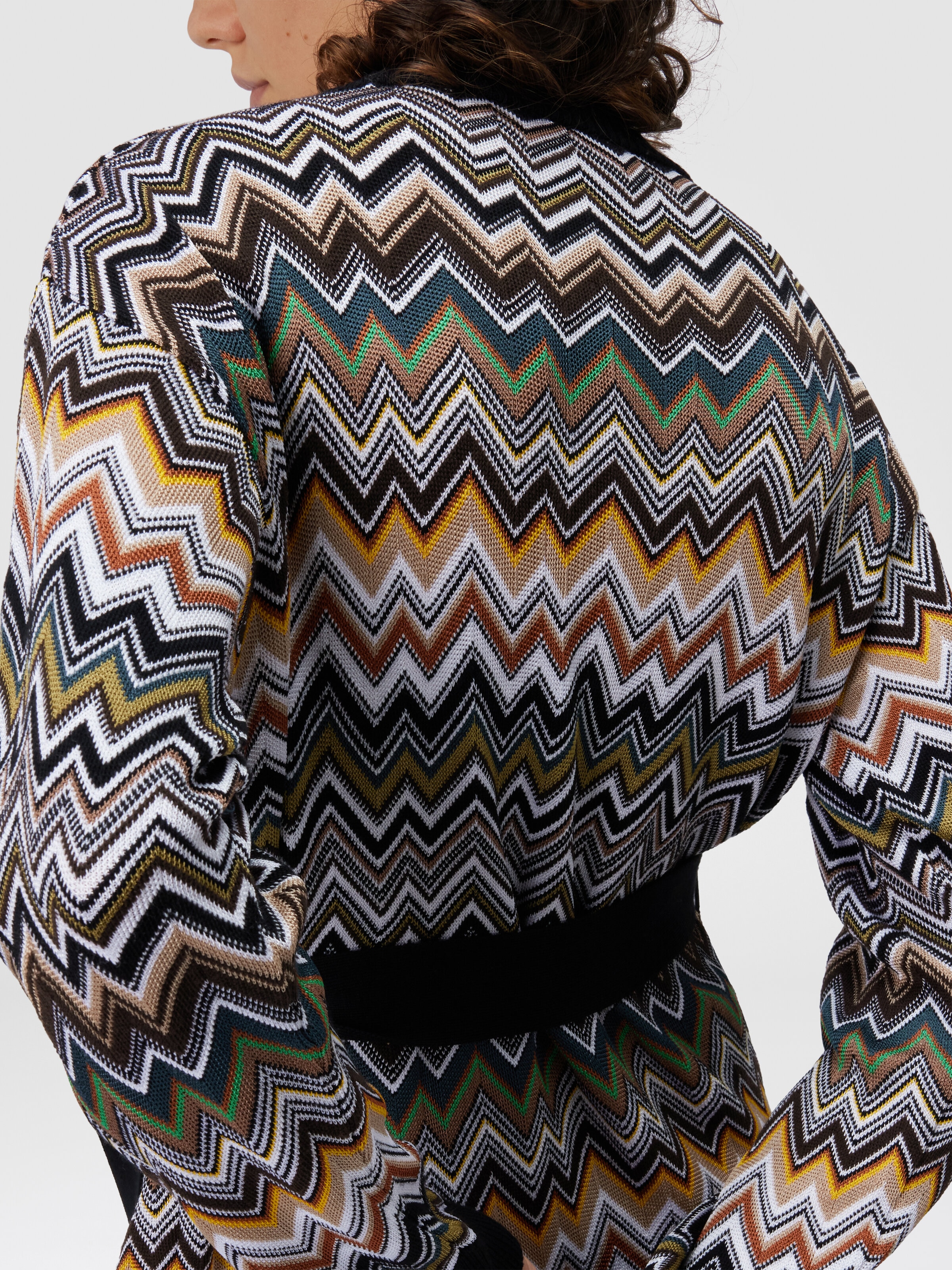 Relaxed Fit Cardigan with Belt and Chevron Pattern, Multicoloured  - 4