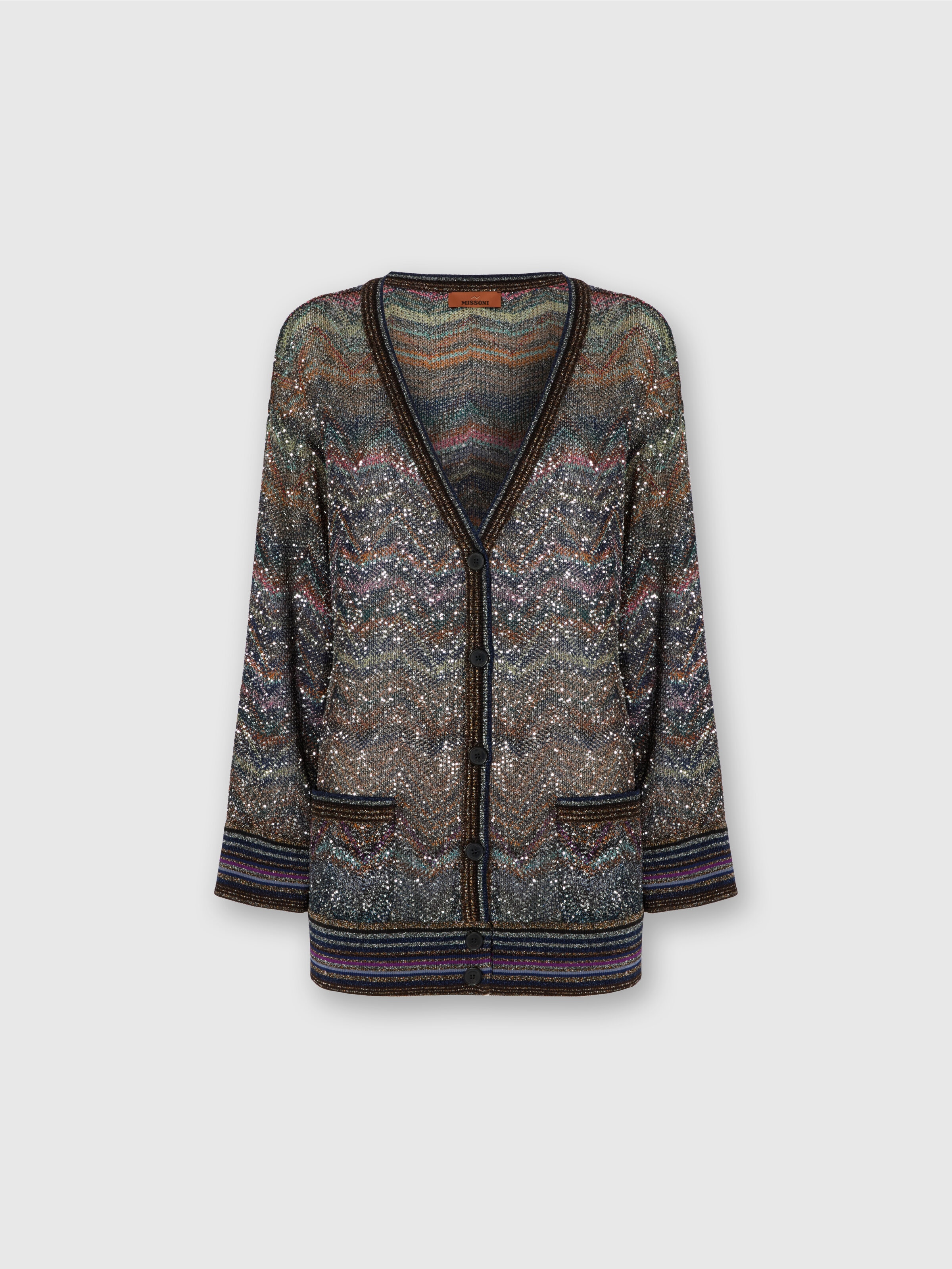 Cardigan oversize à col en V à motif zigzag, Multicolore  - 0