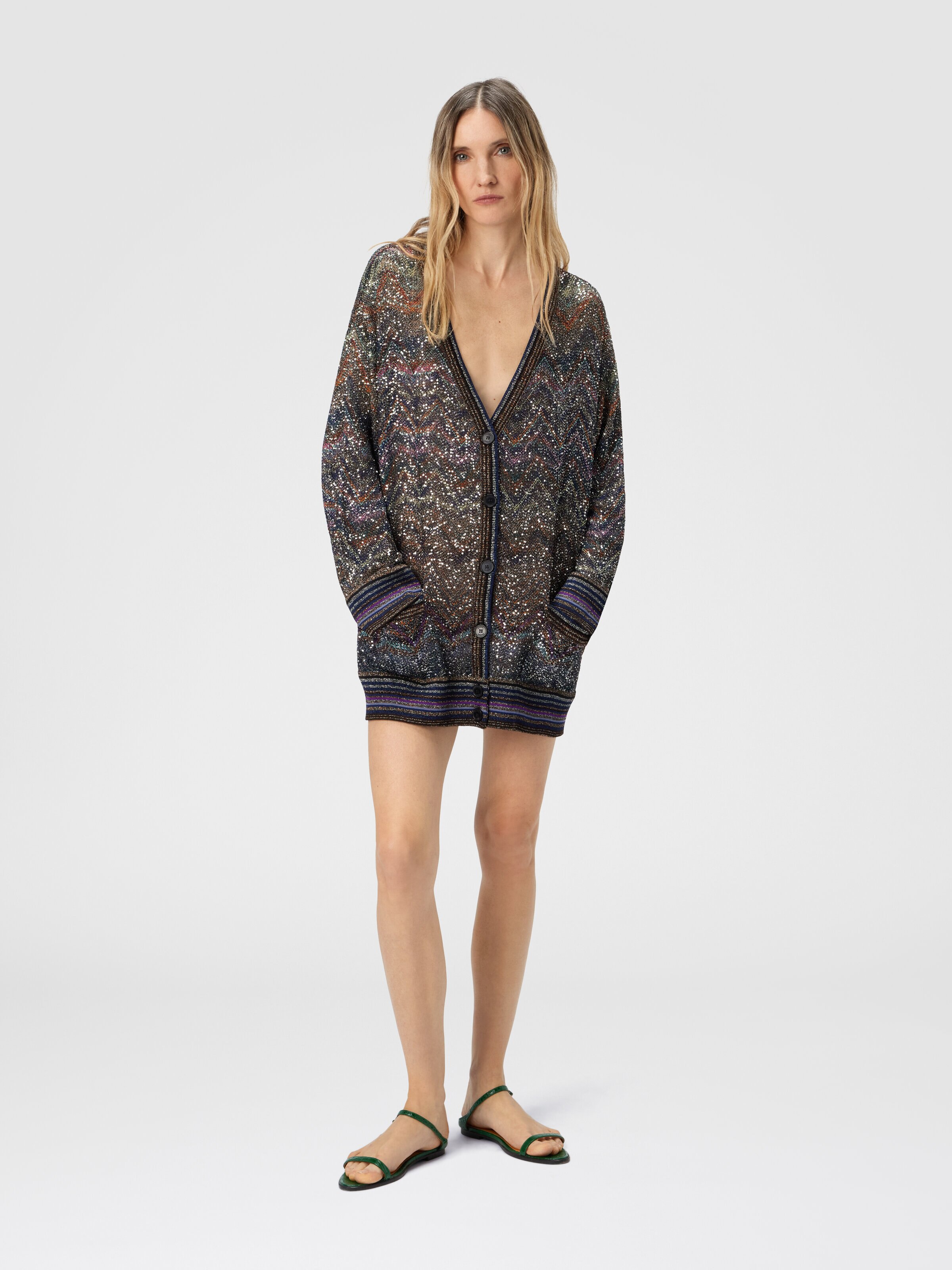 Cardigan oversize à col en V à motif zigzag, Multicolore  - 1