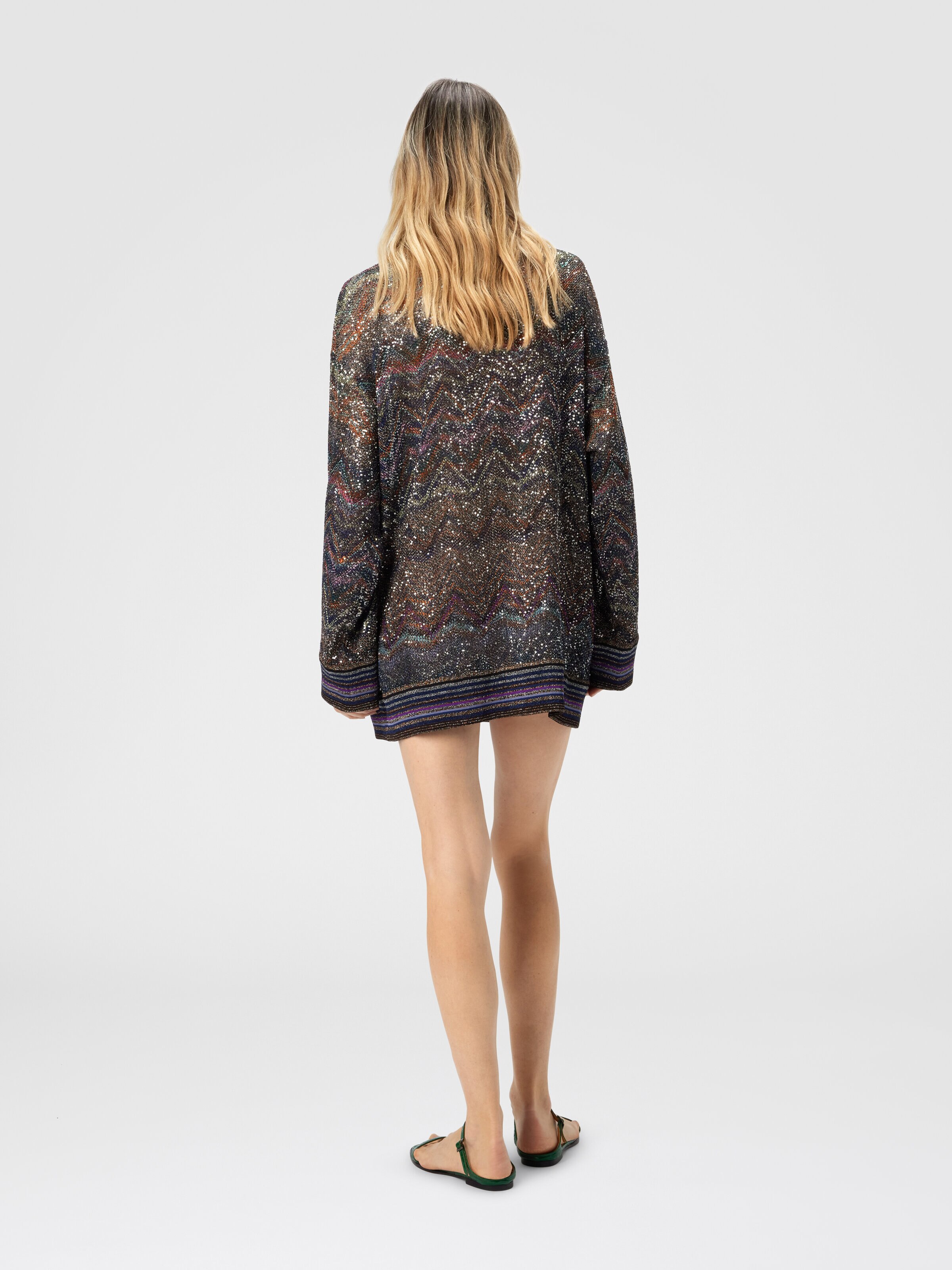 Cardigan oversize à col en V à motif zigzag, Multicolore  - 2