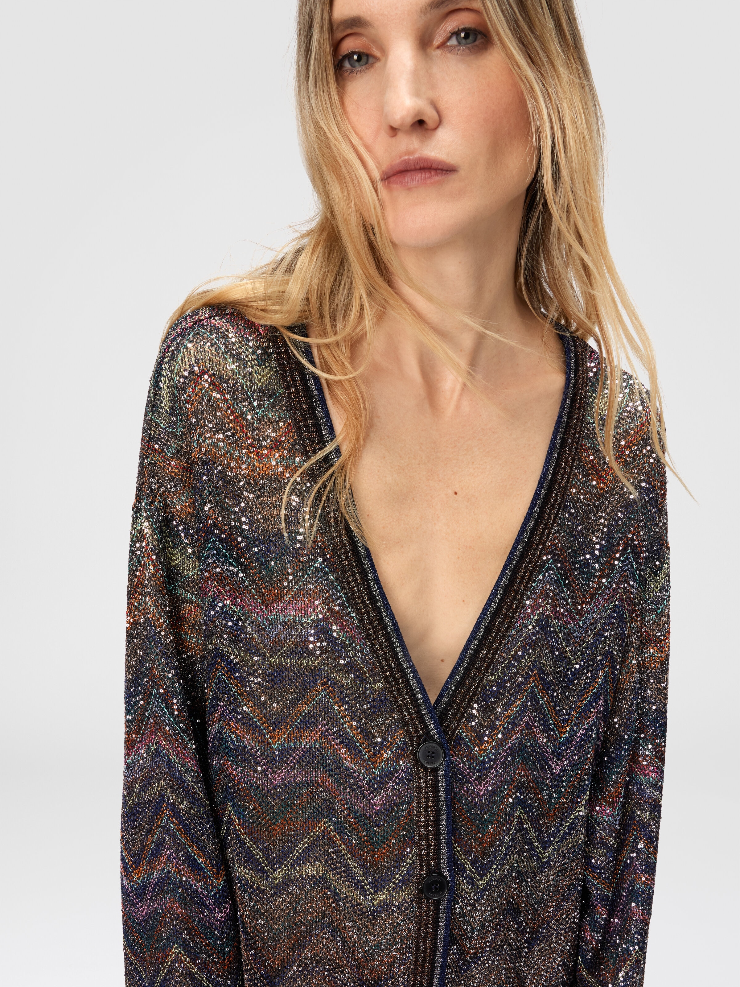 Cardigan oversize à col en V à motif zigzag, Multicolore  - 3