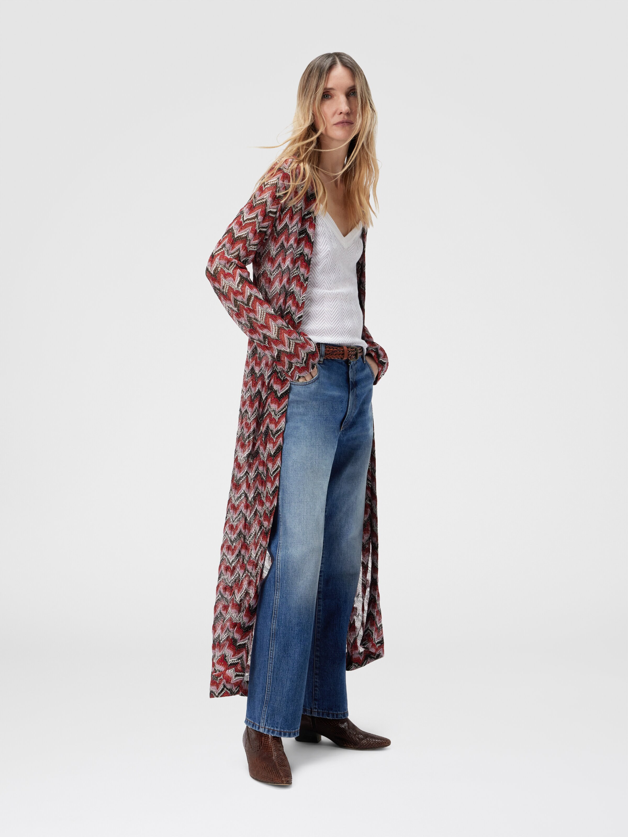 Long Cardigan in Embroidered Lace, Black & Red - 1