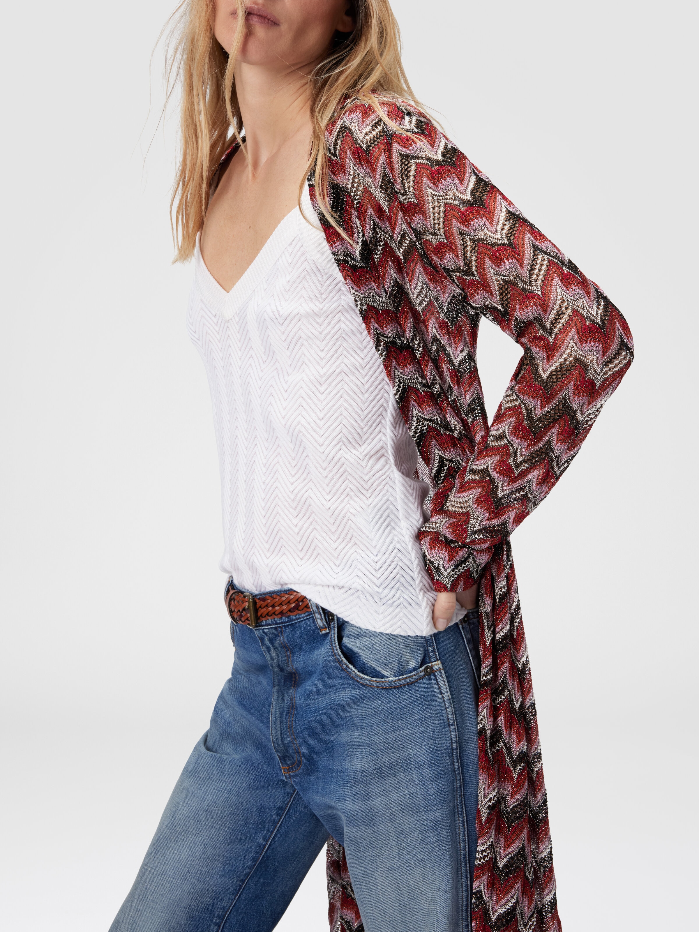 Long Cardigan in Embroidered Lace, Black & Red - 4