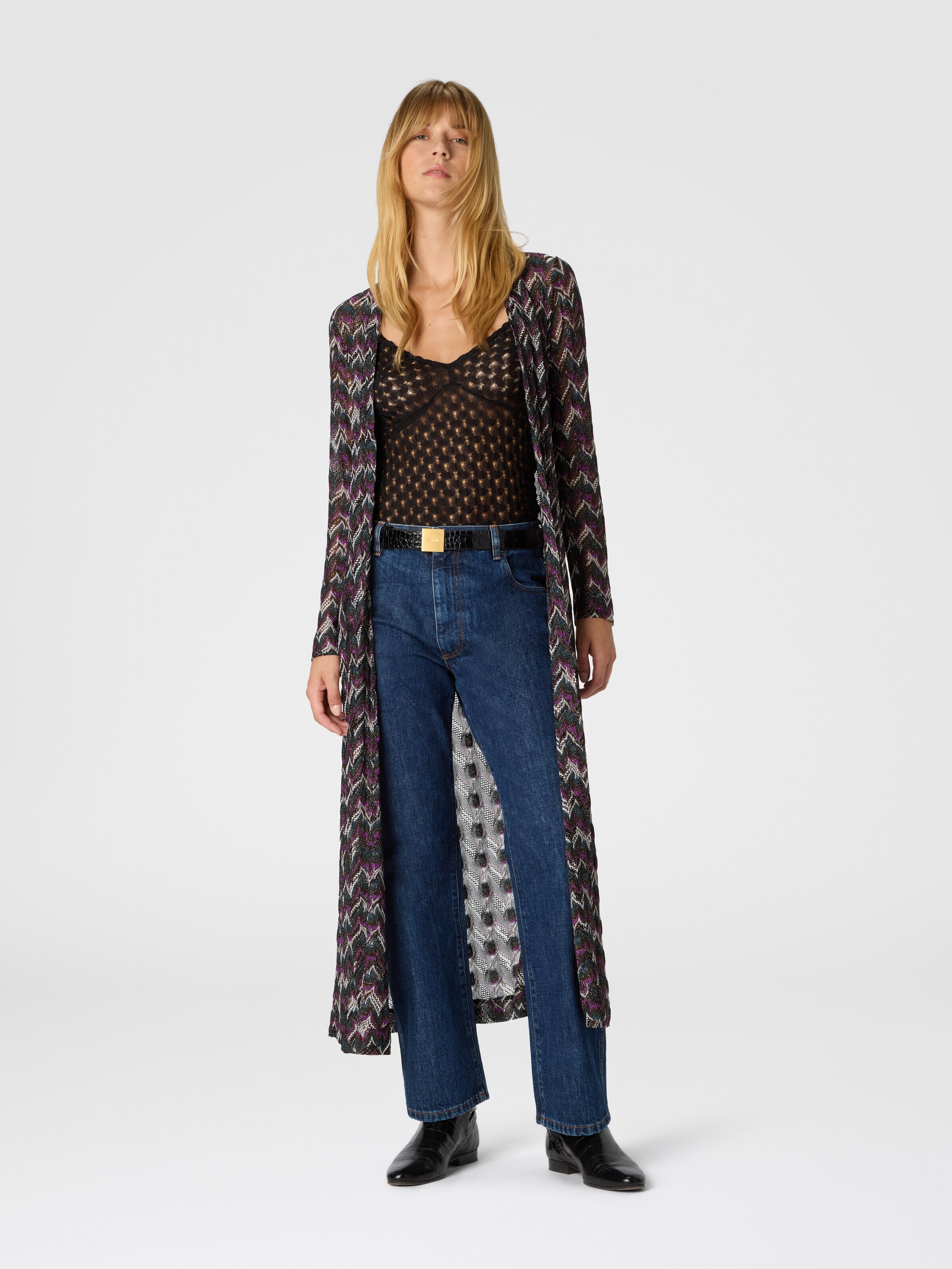 Langer Cardigan aus strukturierter Spitze, Schwarz & Violett - 1