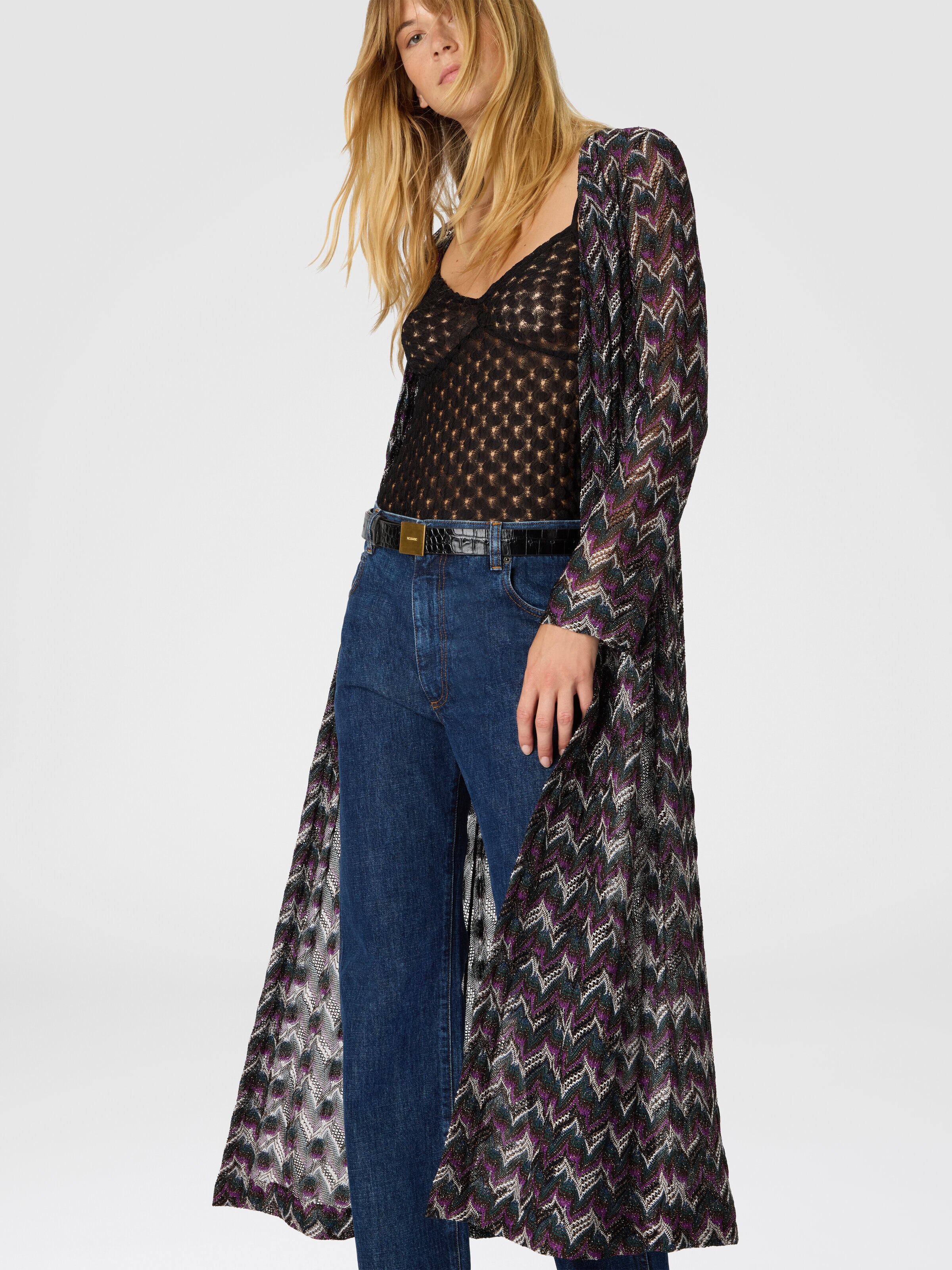 Langer Cardigan aus strukturierter Spitze, Schwarz & Violett - 3