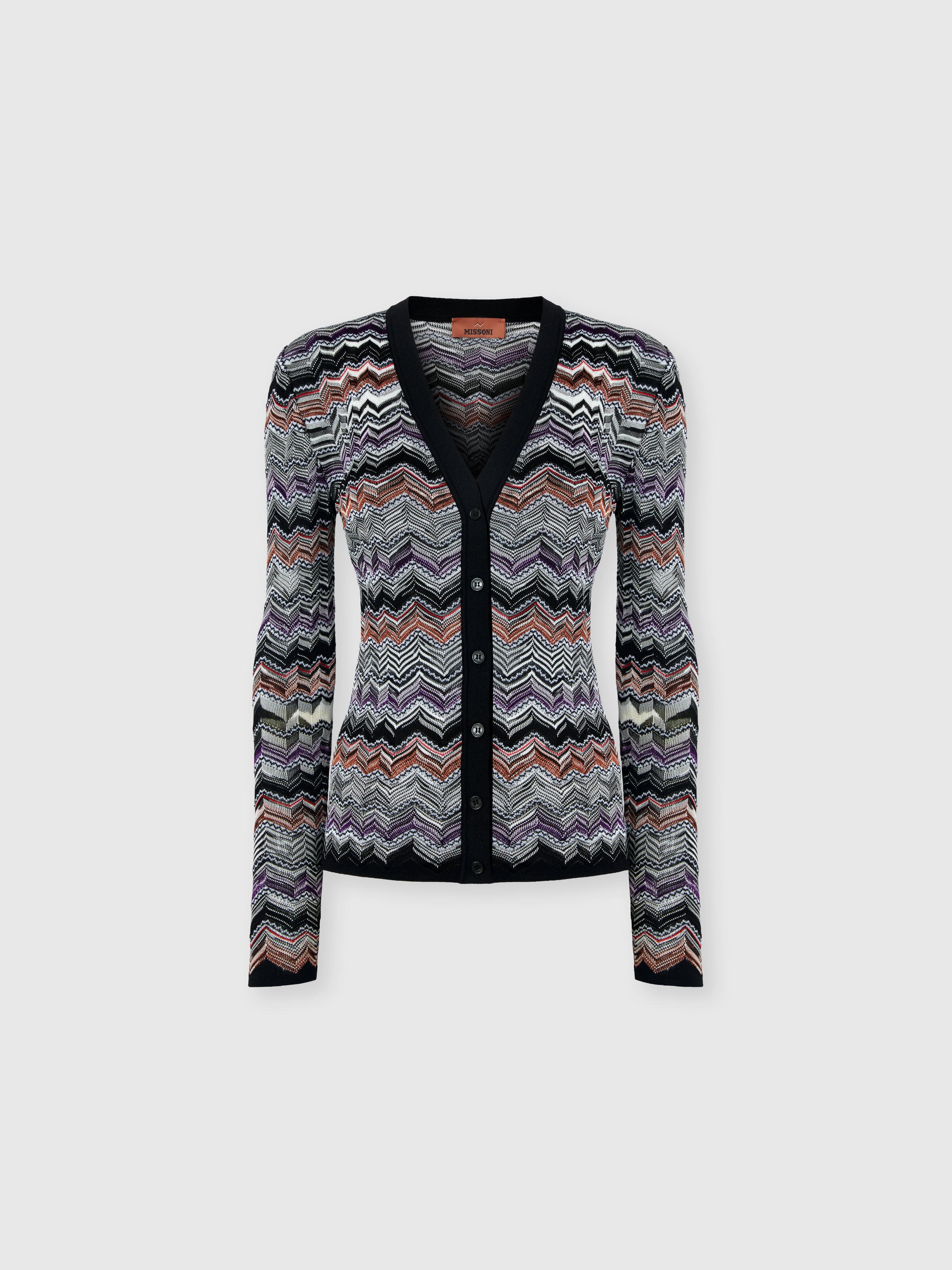 Slim Buttoned Cardigan with Flame Chevron Pattern, Multicoloured  - 0
