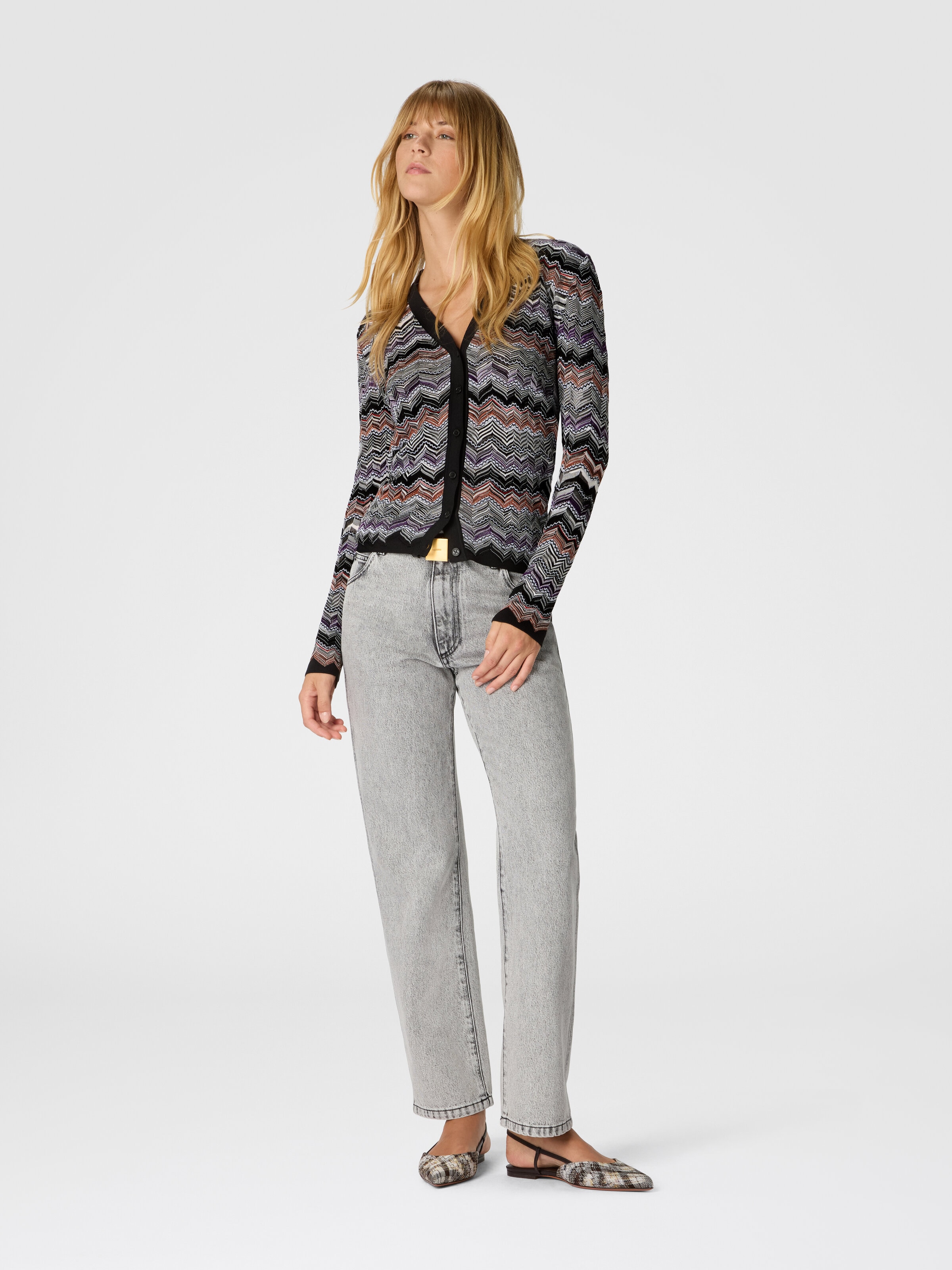 Slim Buttoned Cardigan with Flame Chevron Pattern, Multicoloured  - 1