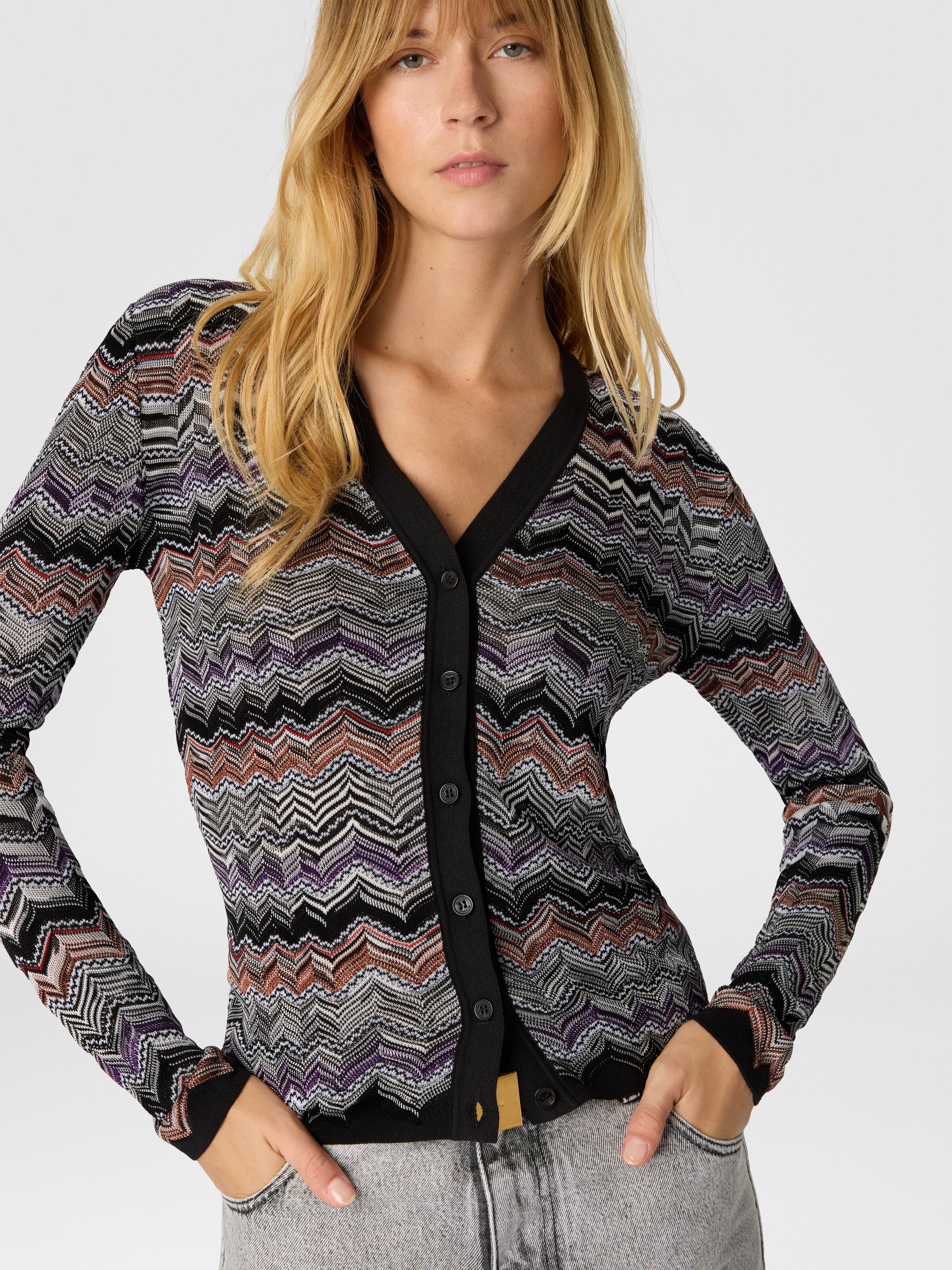 Slim Buttoned Cardigan with Flame Chevron Pattern, Multicoloured  - 3