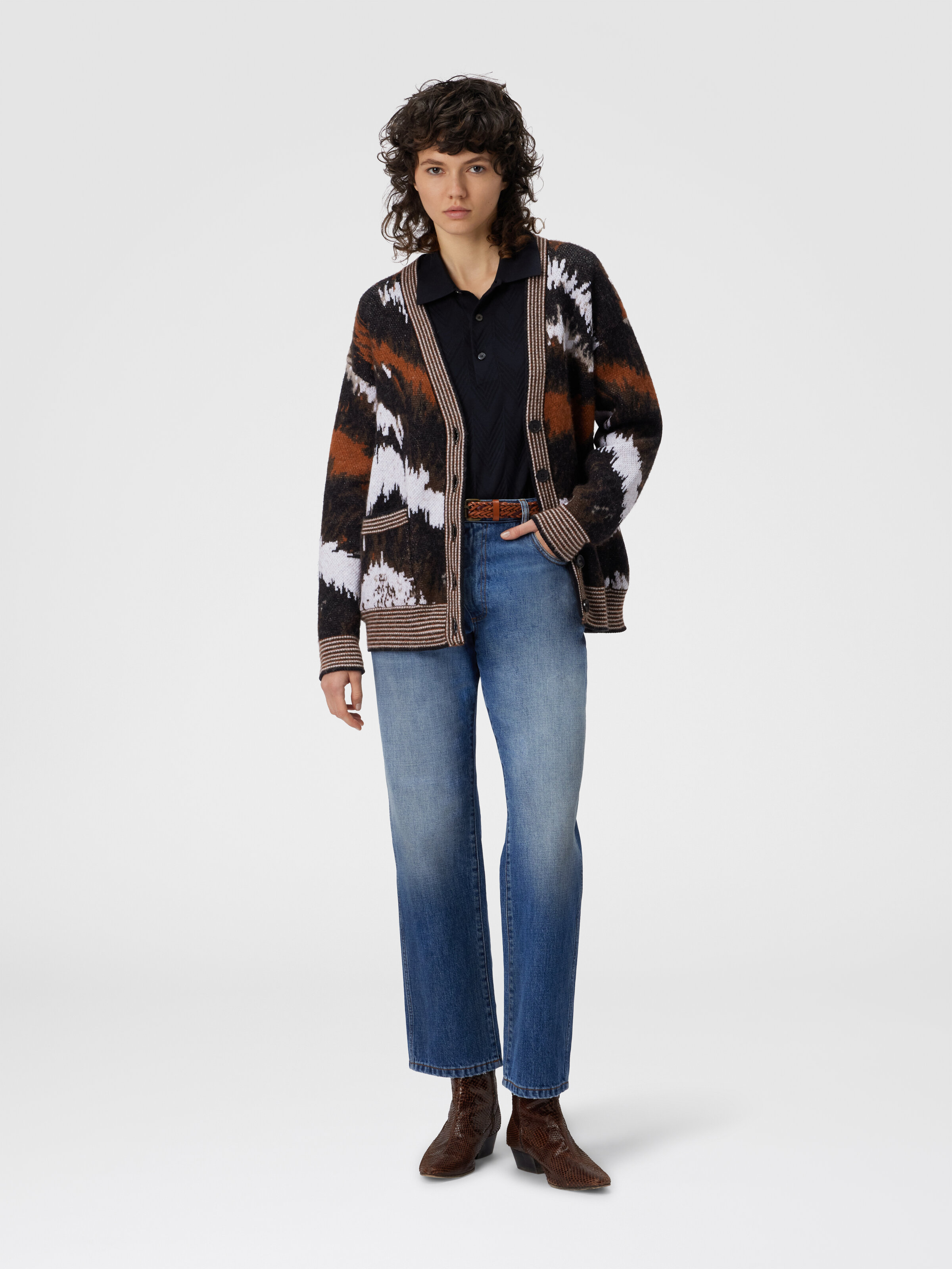 Oversized Cardigan in Tiger Pattern Knit, Rust & Black - 1