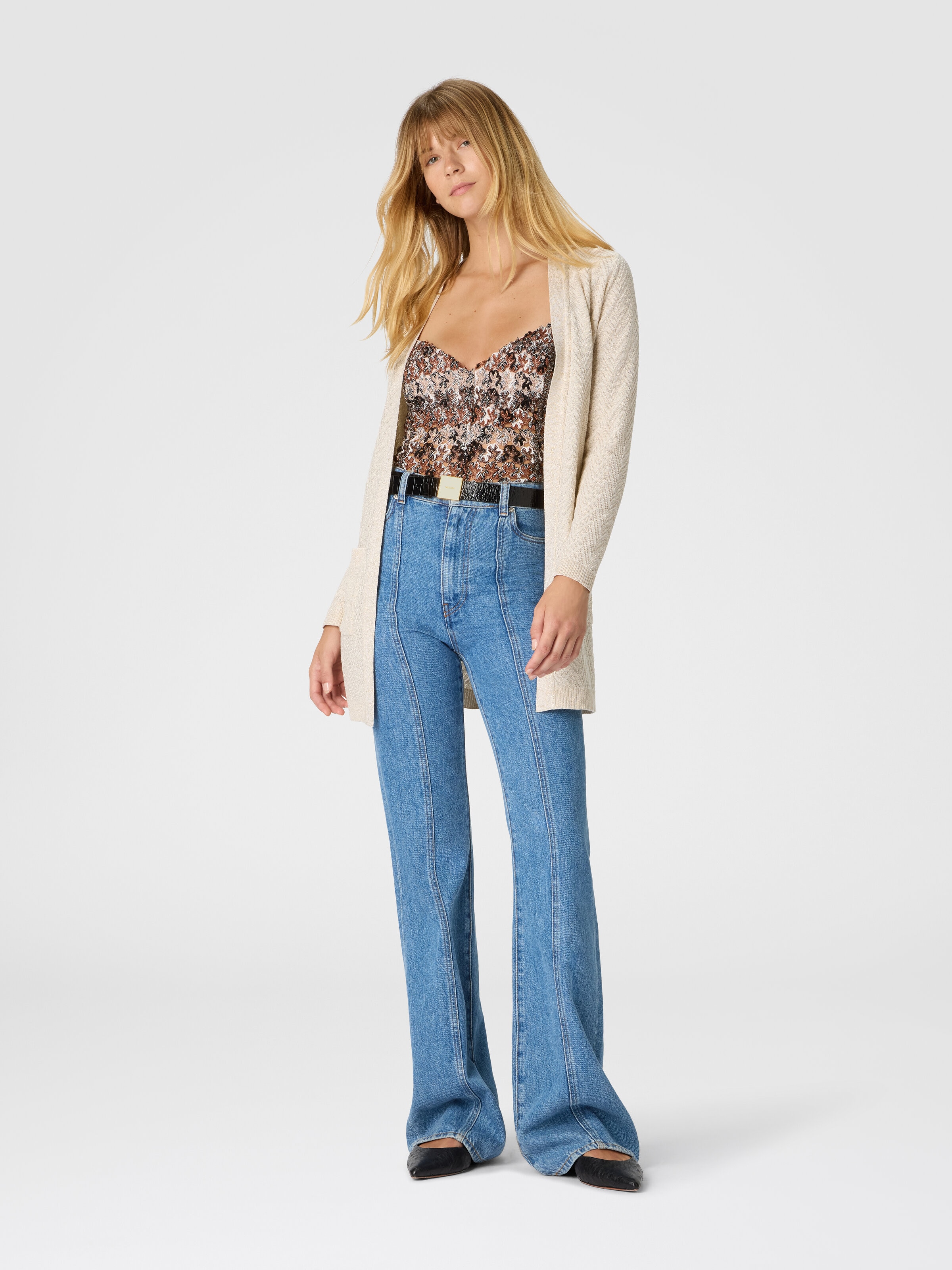 Chevron pattern belted cardigan, Beige - 1