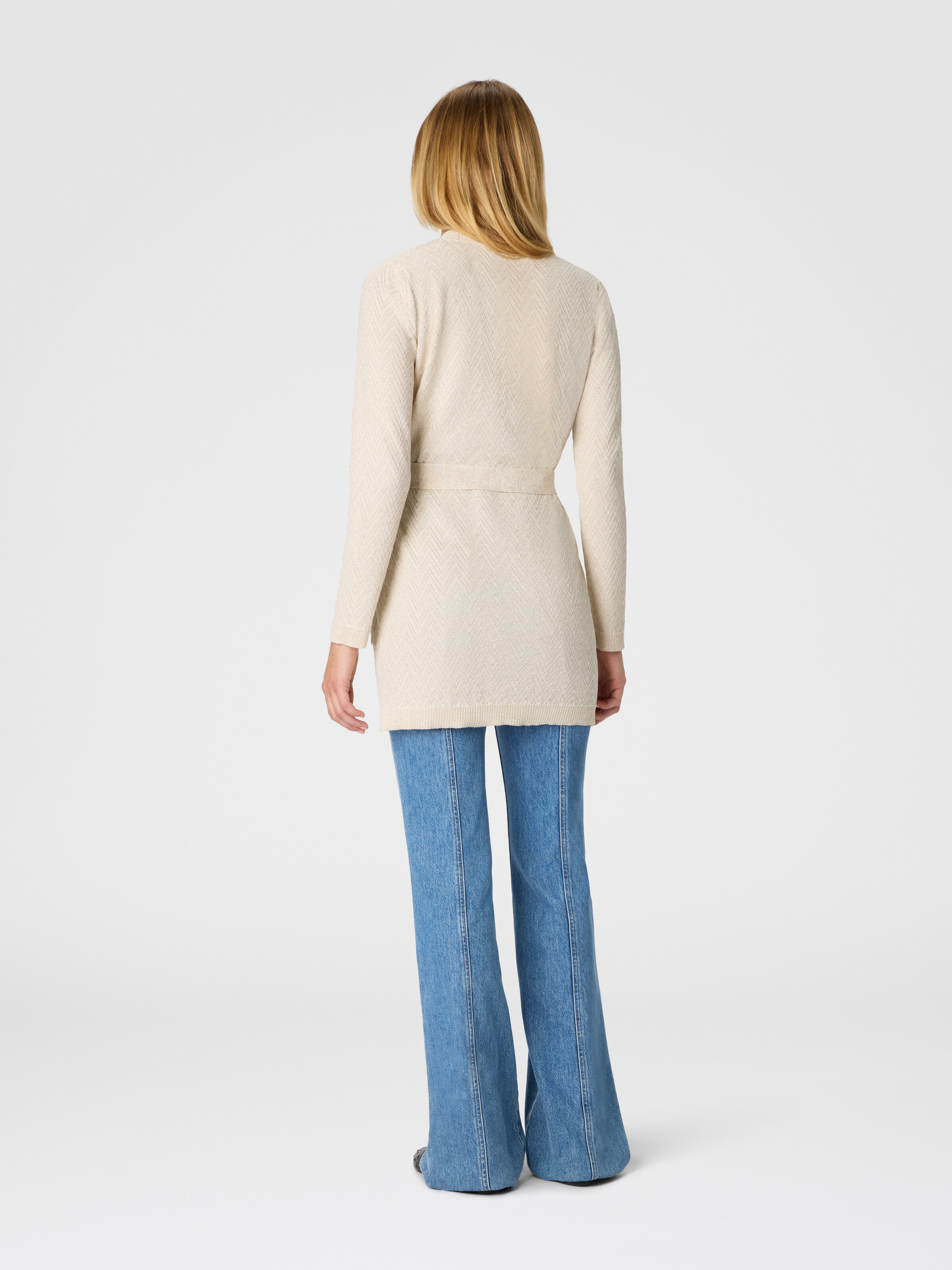 Chevron pattern belted cardigan, Beige - 2