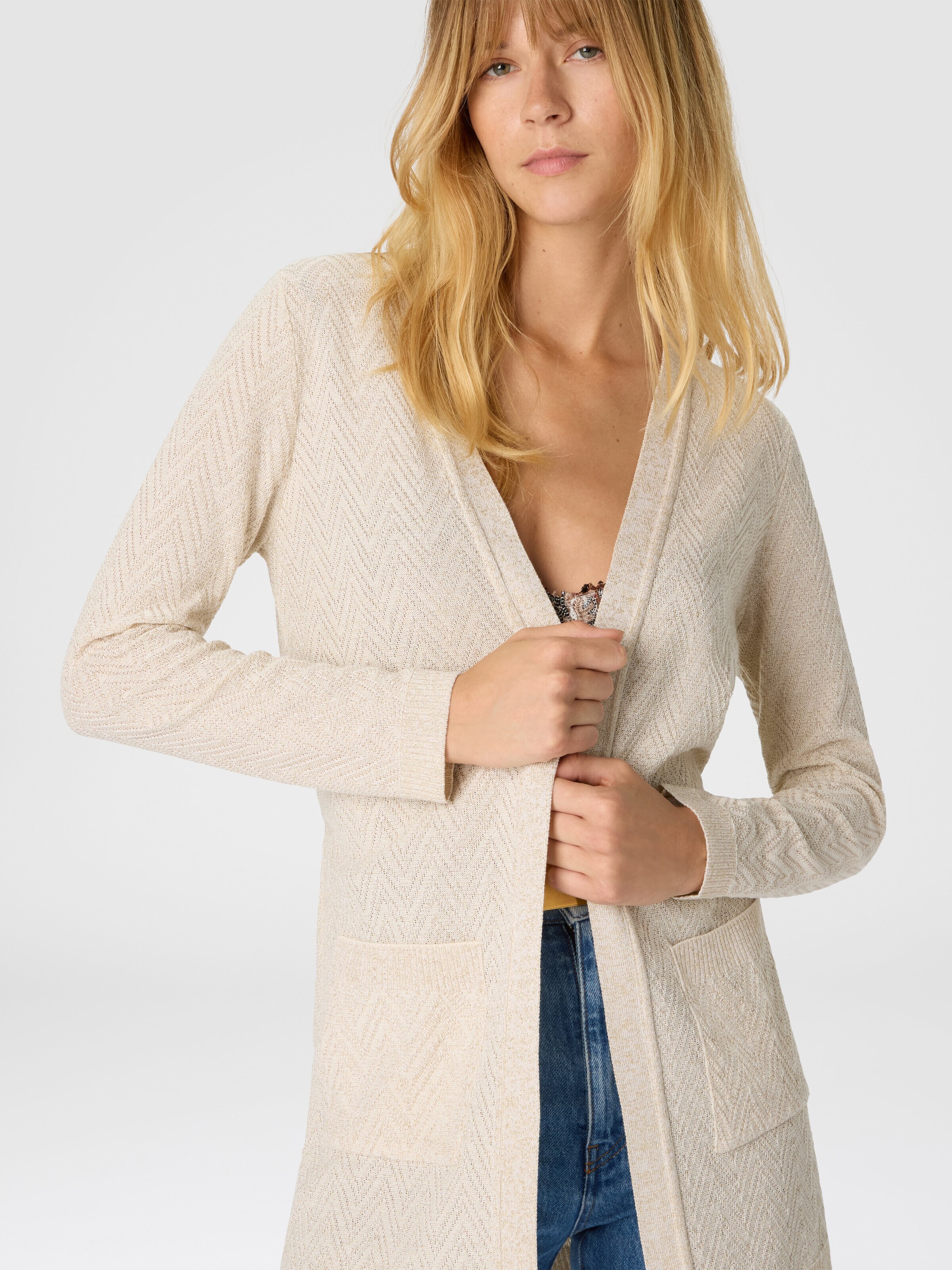 Chevron pattern belted cardigan, Beige - 3